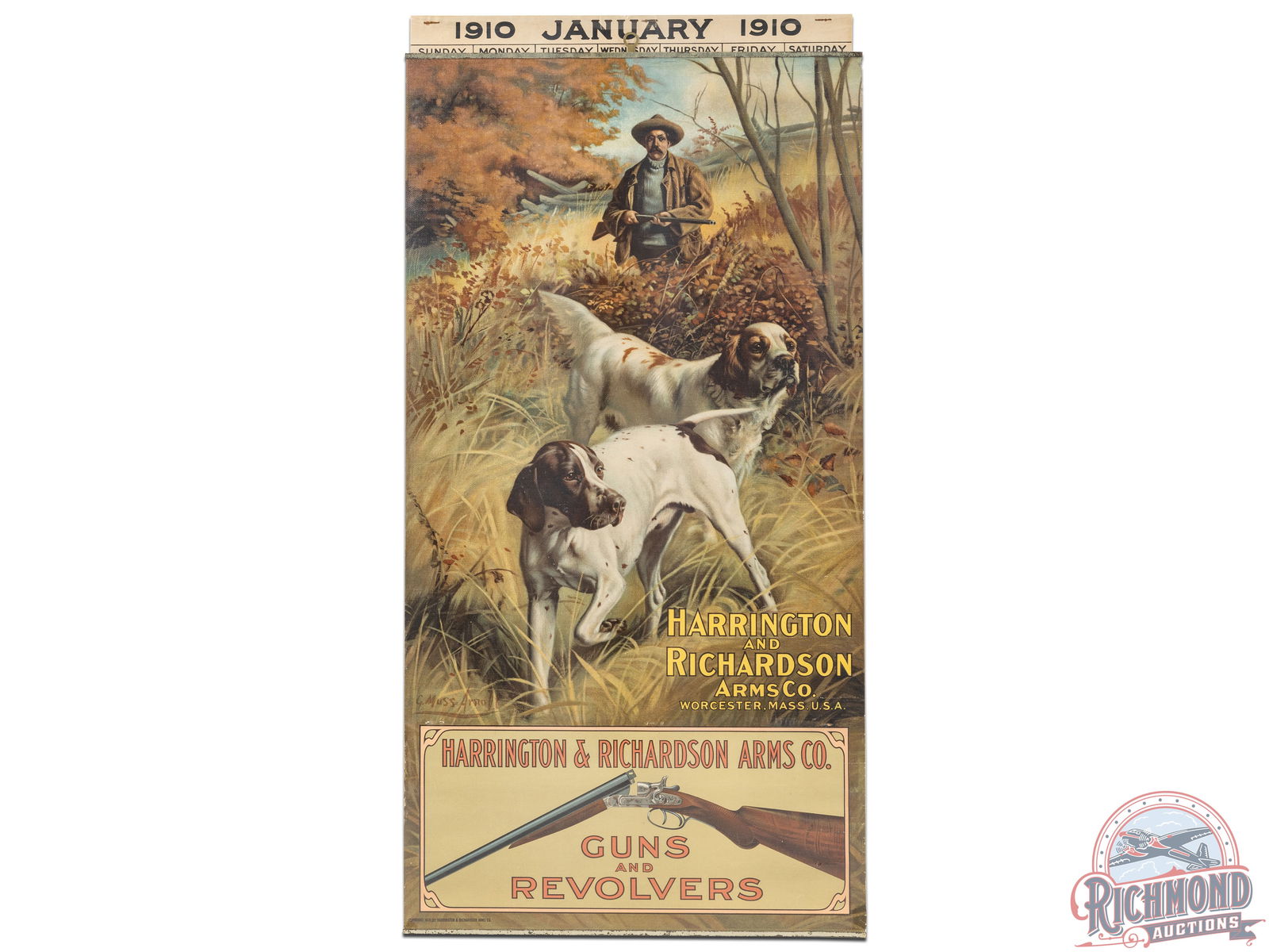 1910 Harrington & Richardson Arms Co Guns & Revolvers Canvas Calendar by G. Muss-Arnolt: Excellent lithograph canvas advertising calendar sign featuring incredible game scene of a hunter with his side-by-side shotgun and two dogs; a Pointer and Spaniel. Game scene by Gustav Muss-Arnolt. R