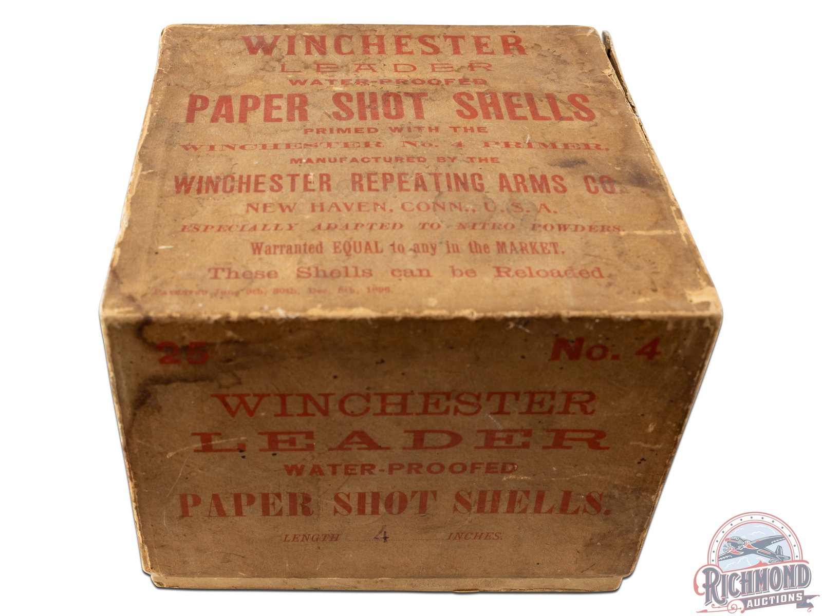 Rare Box Only Of 25 Count 4 Gauge Winchester Leader Empty Primed Shells: Listed as a 8+ rarity in Bacyk's Shotshell Encyclopedia. Box is a 25 round, 4 gauge, two-piece cardboard box with red lettering label originally full of 4" Leader No. 4 factory primed empty shells.