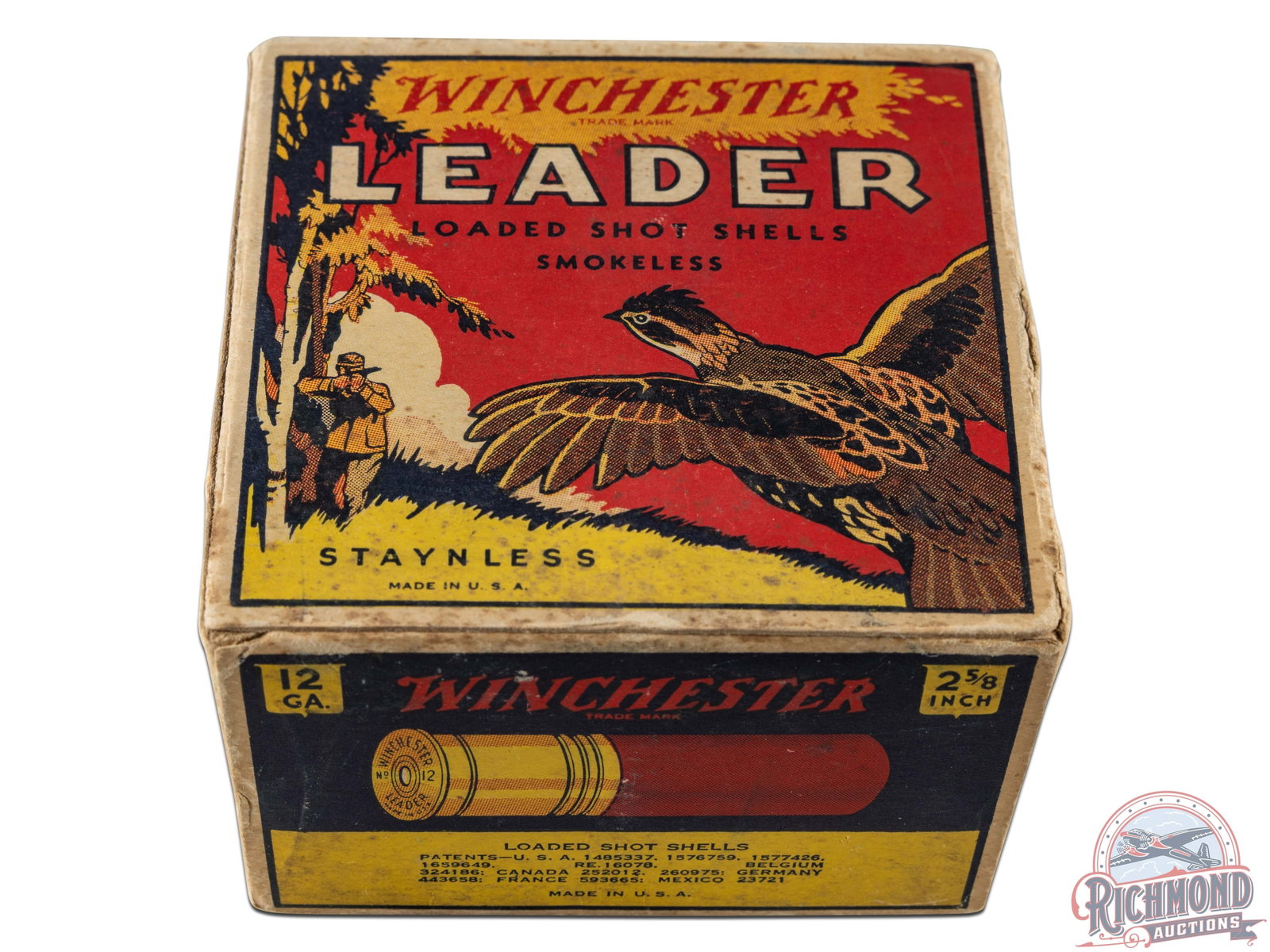 Rare Box Only Winchester Leader Grouse Box 12 GA: Listed as a "5" rarity in Bacyk's Shotshell Encyclopedia. Box is a 25 round, 12 gauge, one piece cardboard box with colorful Leader "Grouse" scene with original shells loaded with smokeless powder and