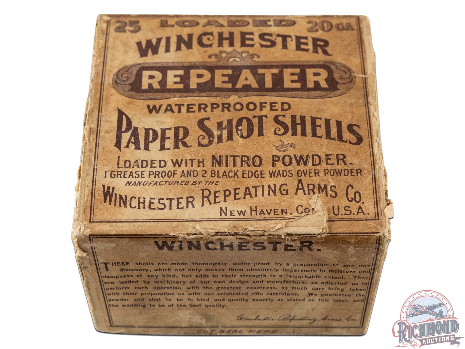 Vintage Partial Box of Winchester Repeater 20 GA Shotshells: Listed as a "7" rarity in Bacyk's Shotshell Encyclopedia. Box is a 25 round, 20 gauge, two-piece cardboard box with beige repeater loaded label. 16 original yellow paper shells with Lafflin and Smokel
