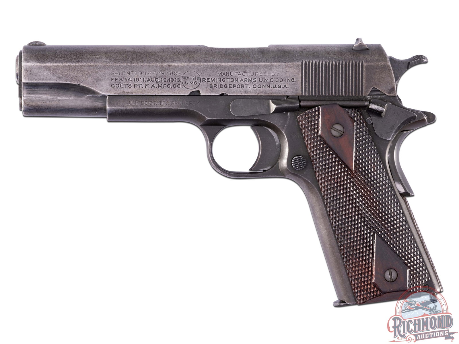 WWI Era 1918 Remington UMC & Colt M1911 US Army .45 ACP Semi-Auto Pistol: Manufactured in 1918 both Remington UMC slide and Colt frame. Full size model 1911 featuring a 5" barrel, period correct iron sights, manual thumb safety and grip safety and lanyard loop. Left side of
