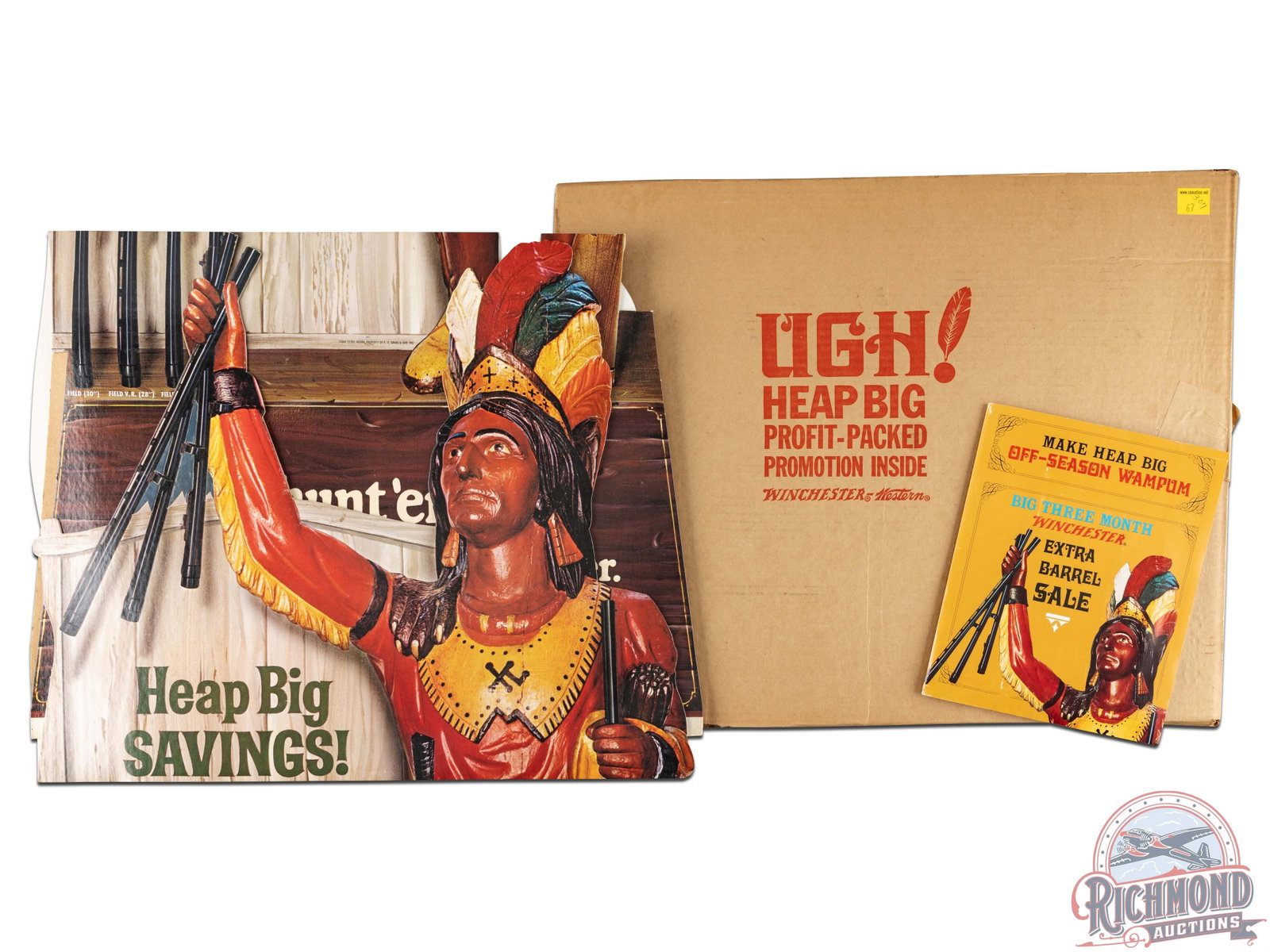 NOS 1960's Winchester Cigar Store Indian "Ugh! Extra Barrel" Cardboard Stand Up Sign & Original Box: Circa 1960's. NOS (new old stock) cardboard stand up display promoting a free extra barrel for any Model 1200 or Model 1400 shotgun. Cut out is in excellent condition with minimal storage wear. Includ