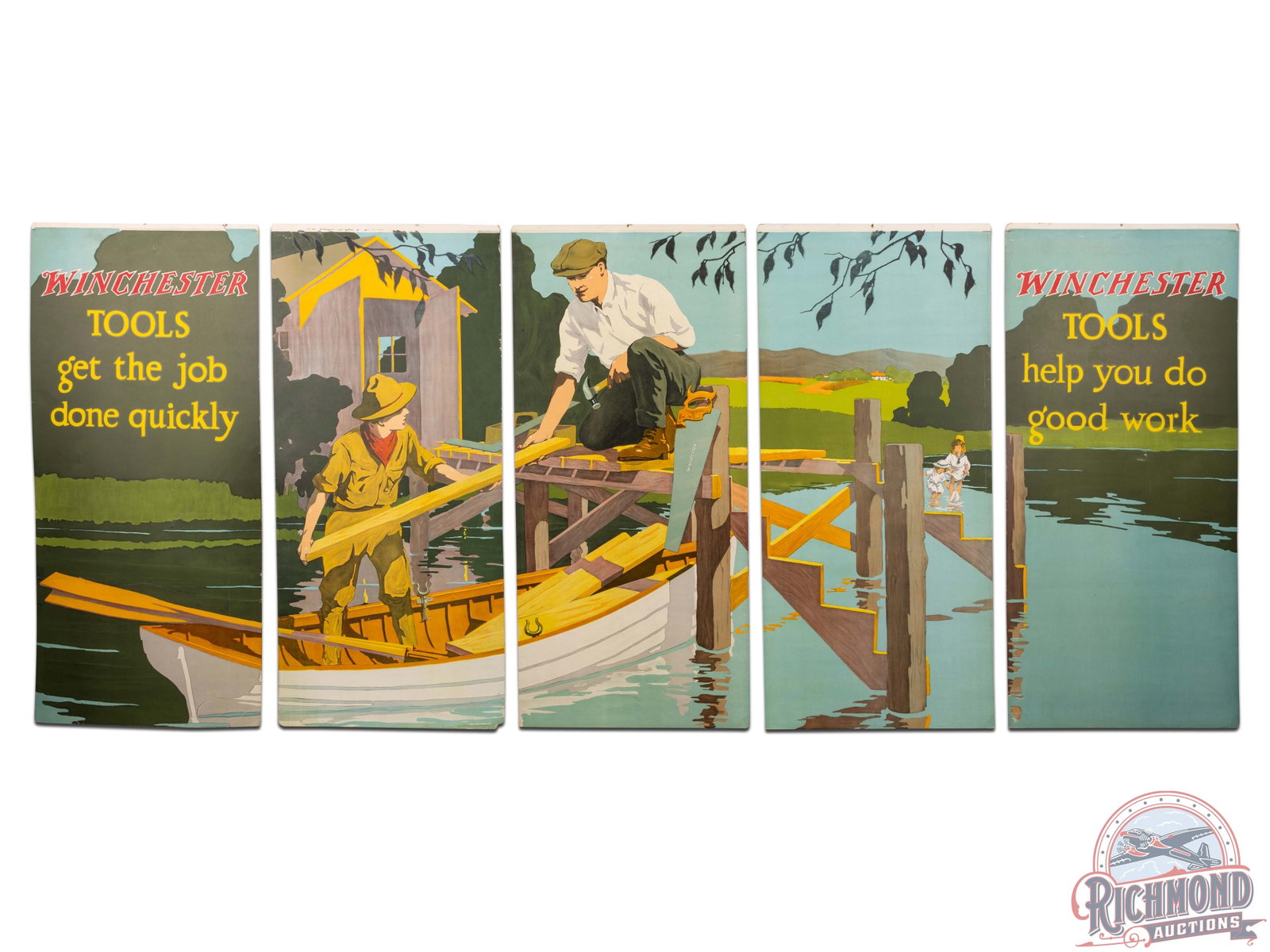 Early & Complete 1920 Winchester "Boy Scout Building Dock" 5 Panel Display Sign: Complete single sided Winchester five panel display. Features the "Boy Scout Building Dock" scene and advertising Winchester tools. Displayed from June 10-16, 1920. Panels have excellent color with a 