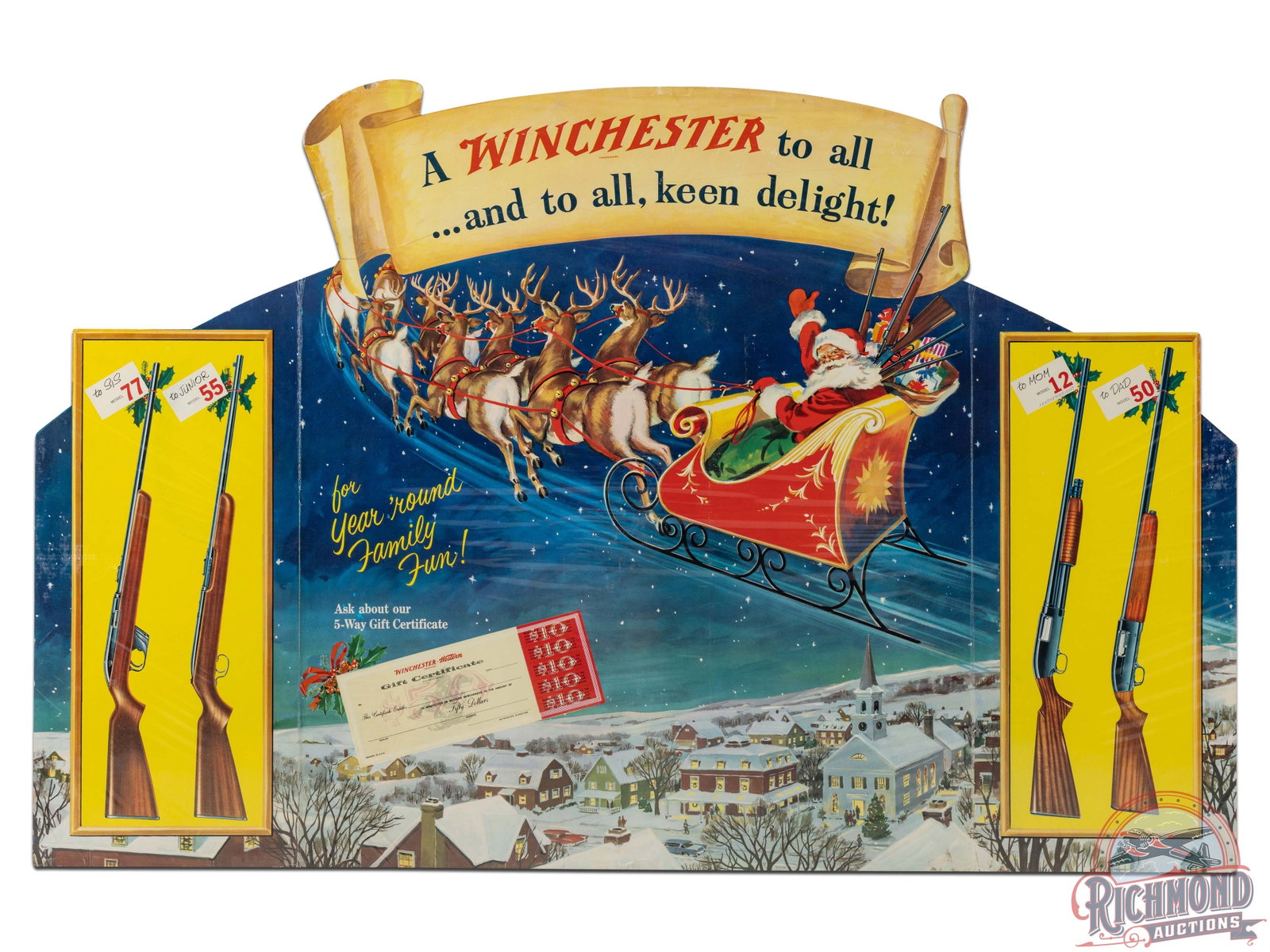 Winchester "A Winchester to All..." Christmas Cardboard Countertop Folding Display Sign w/ Santa: Festive die cut Christmas cardboard folding display with great color and graphics. Features the reindeer and Santa in his sleigh with a load of presents and Winchester guns. Also pictured are a Model 