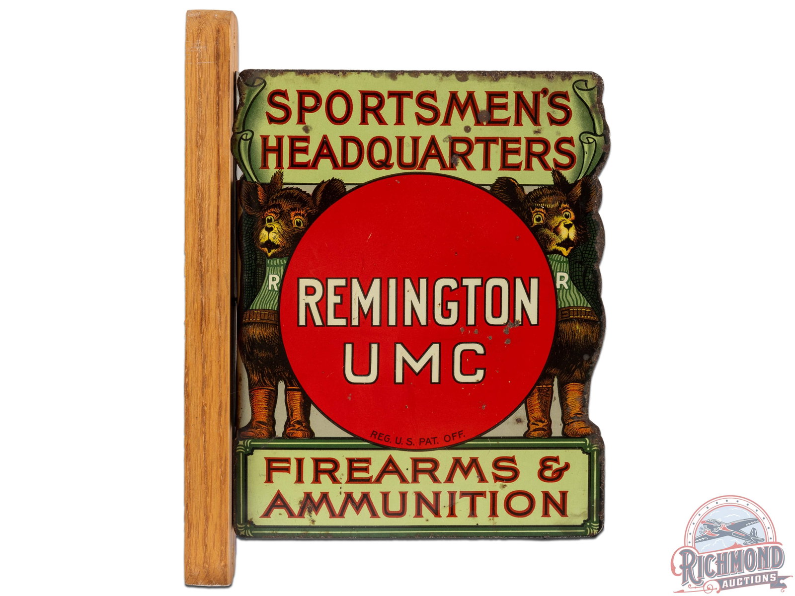 Remington UMC Sportsmen's Headquarters Firearms & Ammunition Metal Flange Sign: Hard to find DST flange lithograph sign with excellent color and shine. Great graphics and detail featuring two bears wearing "R" sweaters and cartridge belts. A fine example as most are in very rough