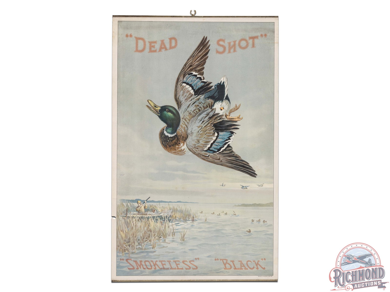 American Powder Mills "Dead Shot" Smokeless Black Paper Poster: Nice paper lithograph advertising poster sign featuring a falling Mallard, successful hunter and dog on his boat and decoys on the water. The poster presents well overall with some creasing at the upp