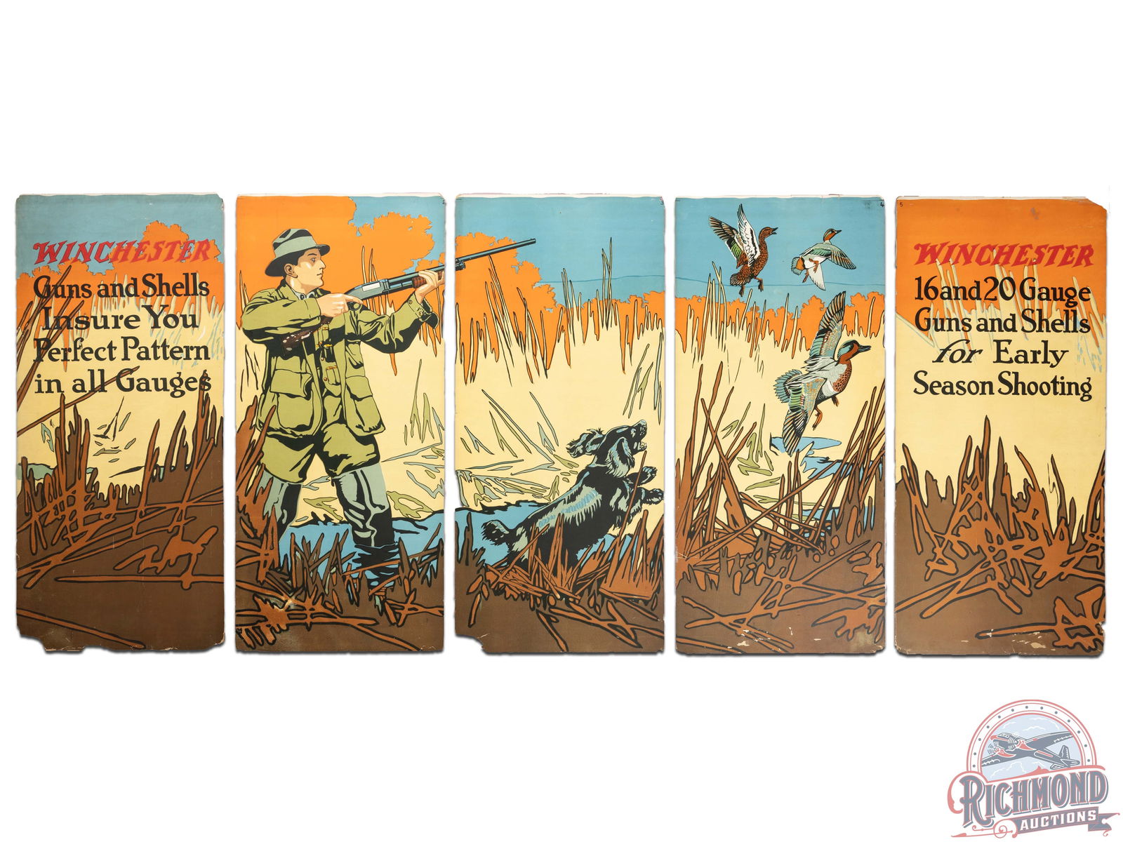 Early & Complete 1920 Winchester 16 & 20 Gauge "Duck Hunting with Spaniel" 5 Panel Display Sign: Complete single sided Winchester five panel display. Features the "Duck Hunting with Spaniel" scene with advertisements for 16 and 20 gauge Winchester shotguns and shotshells. Displayed from September