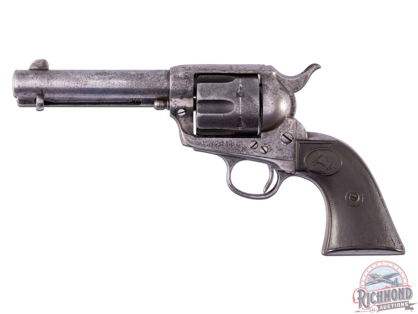 First Generation 1902 Colt SAA Frontier Six Shooter .44-40 WIN Gunfighter Revolver: Manufactured in 1902, a first generation single action army in the smokeless powder frame. Features a 4-3/4" "gunfighter" barrel with integrated rear notch sight and blade front sight. Top of the barr