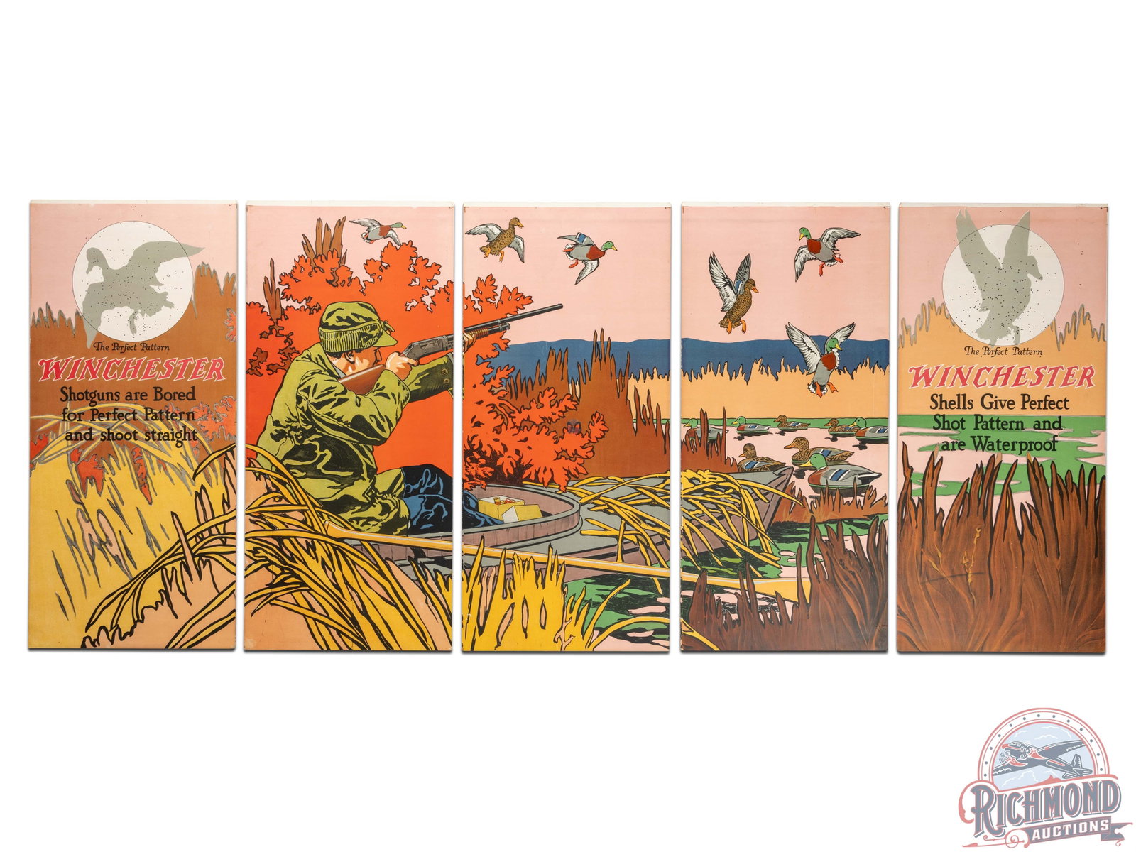 Early & Complete 1920 Winchester "Duck Hunting From Boat" & "Stoves & Heaters" 5 Panel Display Sign: Excellent and complete double sided Winchester five panel display. Features the "Duck Hunting From Boat" scene with amazing graphics and advertisements for Winchester shotguns and shotshells. Displaye