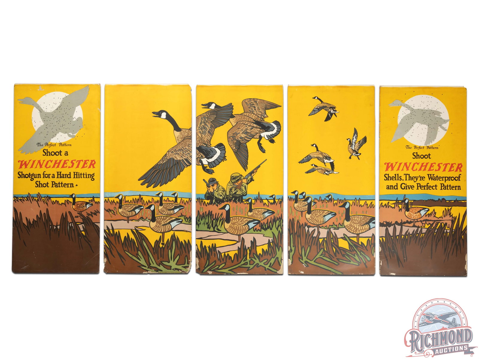 Early & Complete 1920 Winchester "Goose Hunting" & "Thanksgiving Turkey" 5 Panel Display Sign: Complete double sided Winchester five panel display. Features the "Goose Hunting" scene with amazing graphics of geese taking flight and advertisements for Winchester shotshells. Displayed from Novemb