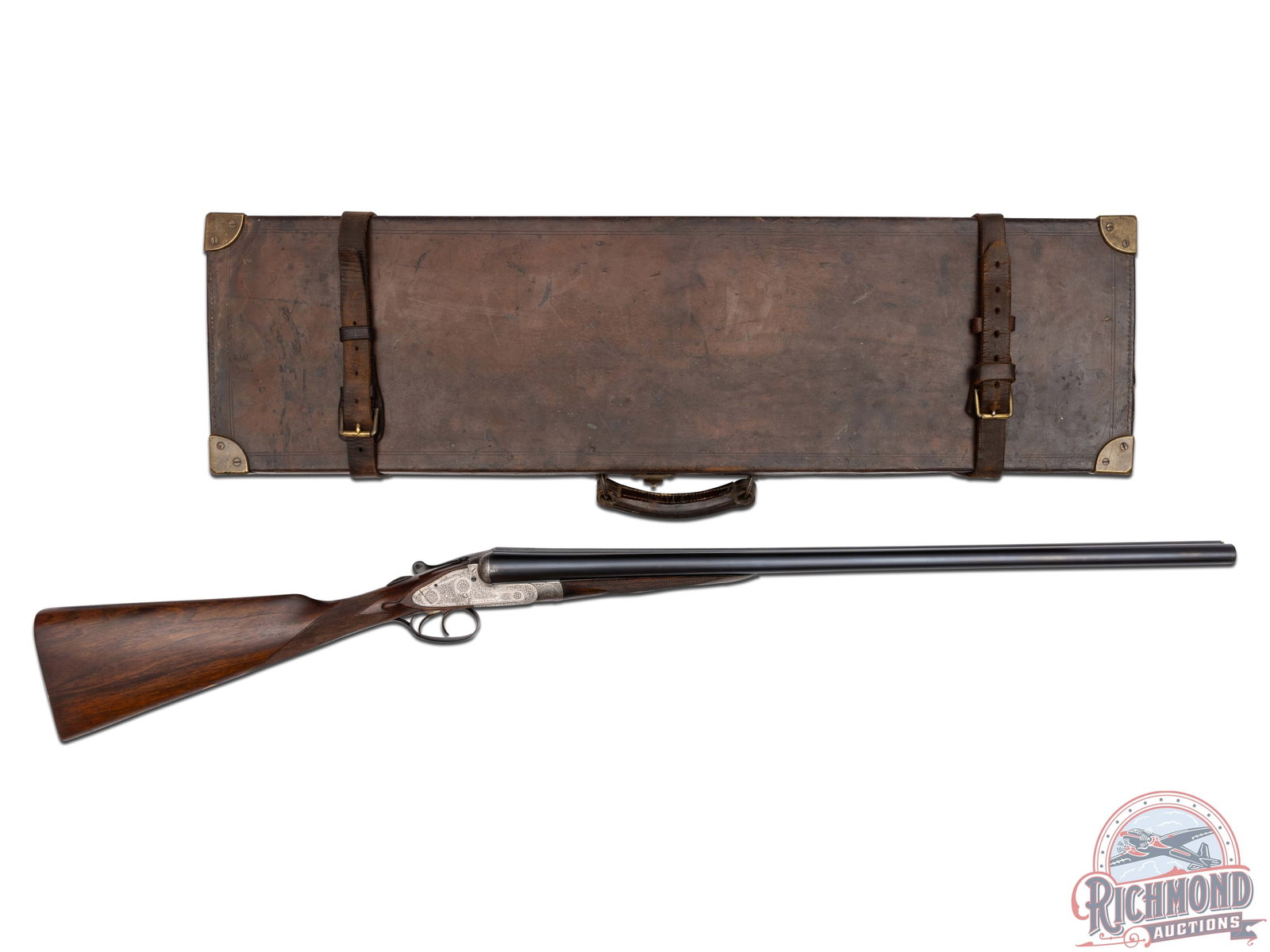 Antique Holland and Holland Royal Ejector Shotgun in Vintage Maker Label Oak and Leather Trunk Case: Made by Holland and Holland of London, England for F. Vallange in 1892, according to copy of accompanying original Holland and Holland Ledger Entry. Gun is fitted with blued 28" Nitro Proofed steel ba