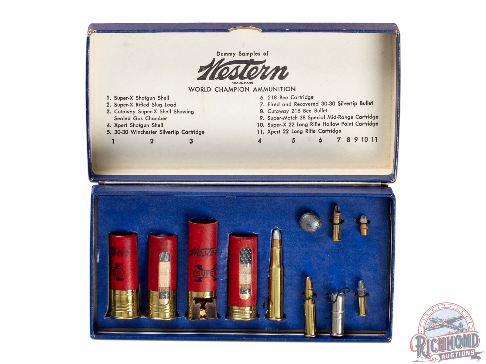 Winchester-Western Salesman Dummy Sample Kit: Winchester Western Salesman's Kit with Western Brand shotgun and rifle shells with kit having Super-X and Xpert shotgun shells with Silvertip 30-30, 218 Bee shell and bullet with 38 Special wadcutter 