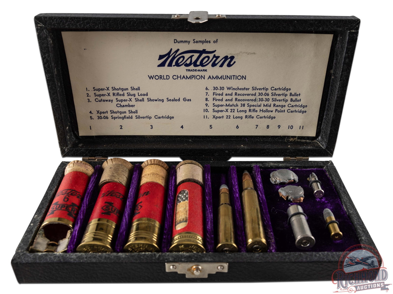 Winchester-Western Salesman Dummy Sample Kit: Winchester/Western Western Brand Salesman's Dummy Sample Kit with Super-X and X-pert shotgun shells, 30-30 and 30-06 silvertip shells with38 special mid range, mushroomed bullets and 22 shells housed 