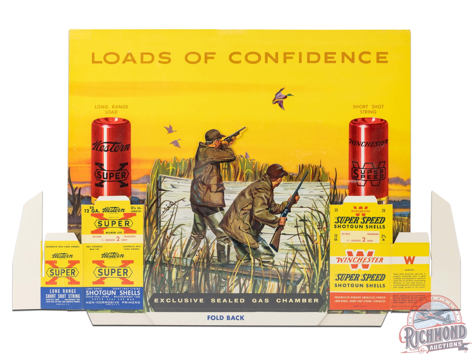 NOS Winchester Western Loads of Confidence Shotgun Shells 3D Die Cut Cardboard Counter Display Sign: Fantastic NOS (new old stock) 3D folding cardboard countertop display sign featuring duck hunters in a marsh, mallards in flight, a Winchester Super Speed shotgun shell box and Western Super X shotgun