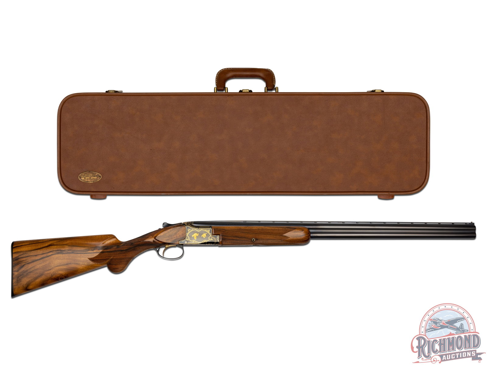 Outstanding Engraved & Custom Belgian Browning Superposed 20 Ga Over/Under Shotgun & Factory Case: Manufactured in 1964 for Browning by FN in Belgium. Blued 28" O/U steel barrels with ventilated rib, single bead with fixed modified and improved cylinder and 3" chamber and ejectors. Blued action and