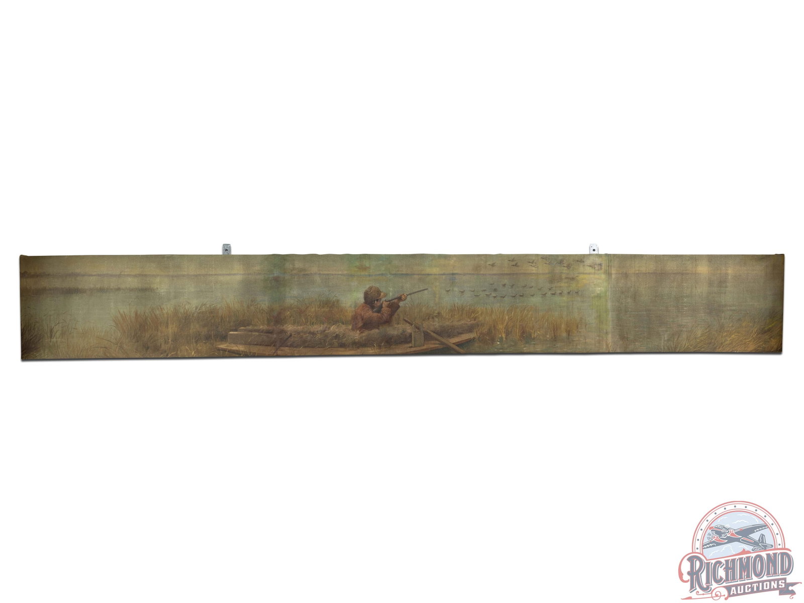 1900's Original Long Muslin Tapestry Painting Two Panel "Shooting Ducks from a Blind": First panel painting measures 18" tall by 11.5' long. Second panel measures 18" tall by 35" long. This section of the painting was along the top of the wall that moved around the corner. This beautifu
