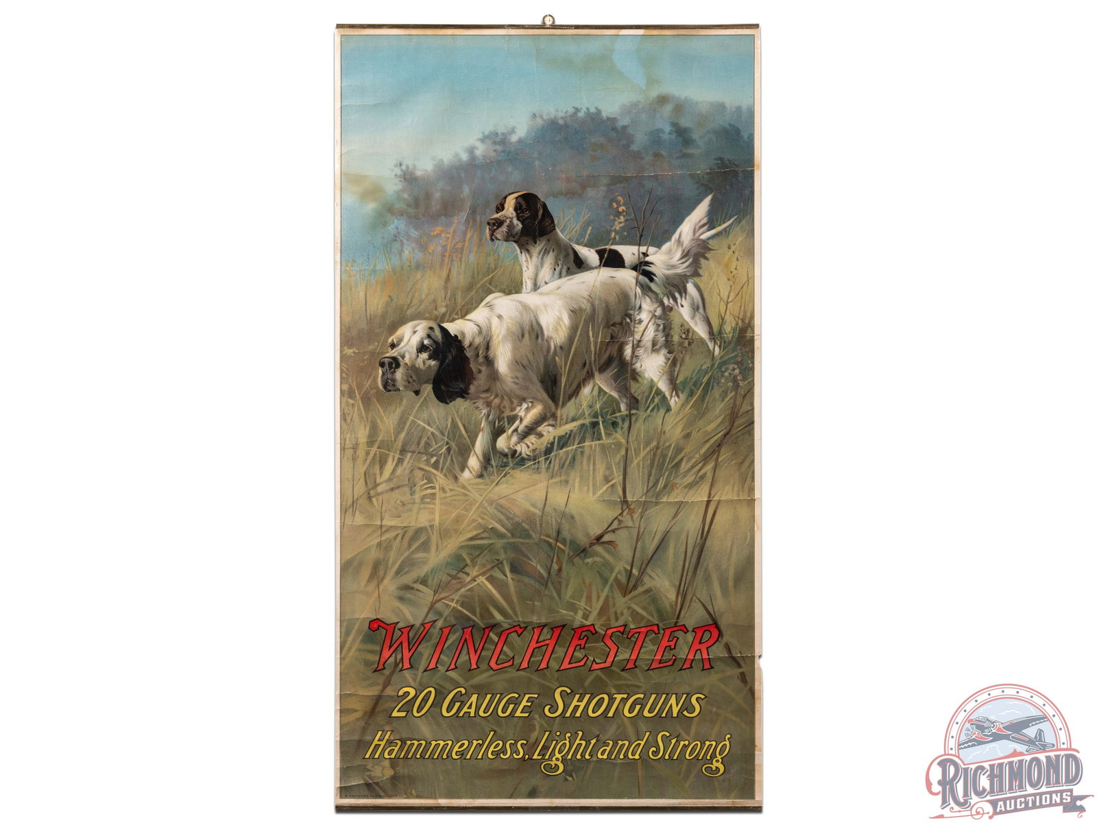 Circa 1900's Winchester Setter & Pointer 20 Gauge Shotguns Poster: Iconic Winchester poster featuring a setter, pointer and reads "20 Gauge Shotguns, Hammerless, Light and Strong." Circa 1906-1907. Exhibits with good color and areas of creasing, tears, staining and l