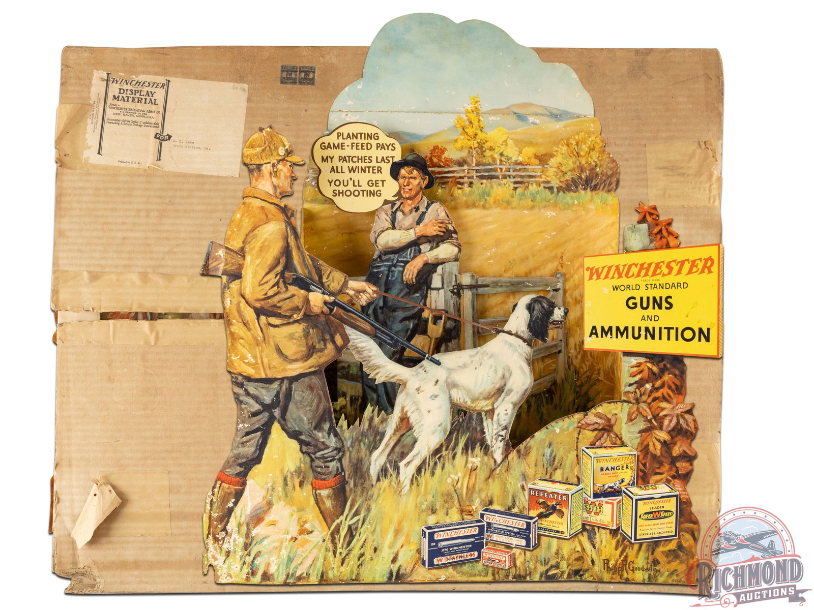 1930's NOS Winchester "Planting Game Feed Pays" 3D Cardboard Countertop POP Display Sign & Box: Circa early to mid 1930's. Scarce NOS (new old stock) Winchester 3D cardboard countertop display with an incredible scene by renowned artist Philip R. Goodwin, who rarely painted upland game scenes. I