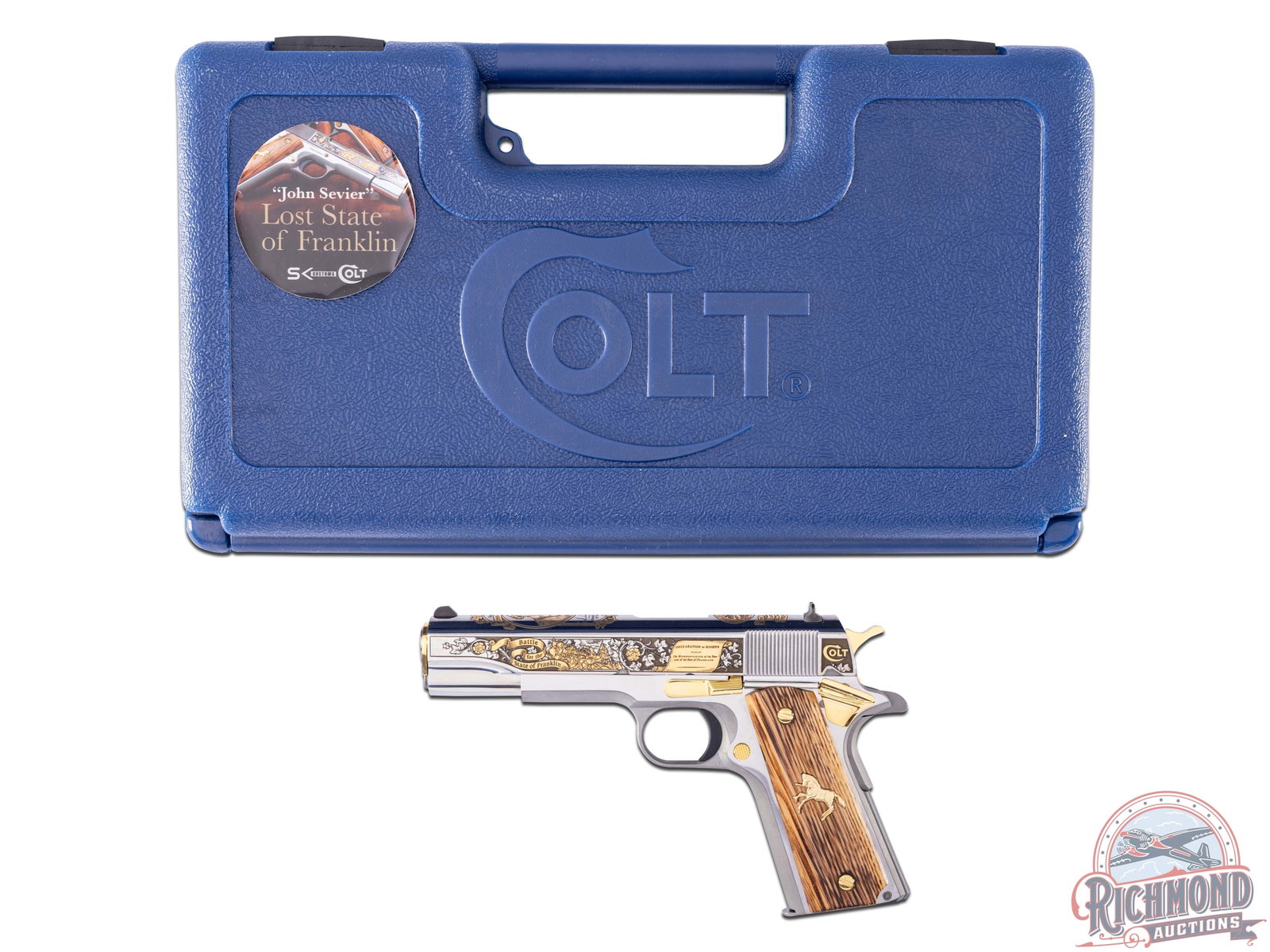 Stunning Colt MKIV Series 70 1911 .45 ACP Lost State of Franklin SK Custom Semi-Auto Pistol: This full sized custom Government Model Colt from SK Customs is one of only 200 produced in their "Lost States of America" engraved series. This pistol commemorates General John Sevier and the Frankli