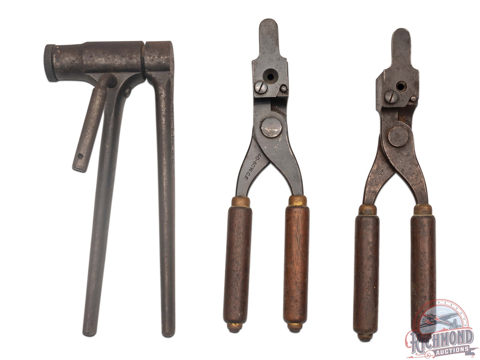 Winchester 1891 Tool with Winchester Molds: Lot consists of Winchester Model 1891 loading tool in 45-90 W.C.F. and two wooden handled Winchester molds in 40-60 W.C.F. and 45-90 W.C.F.