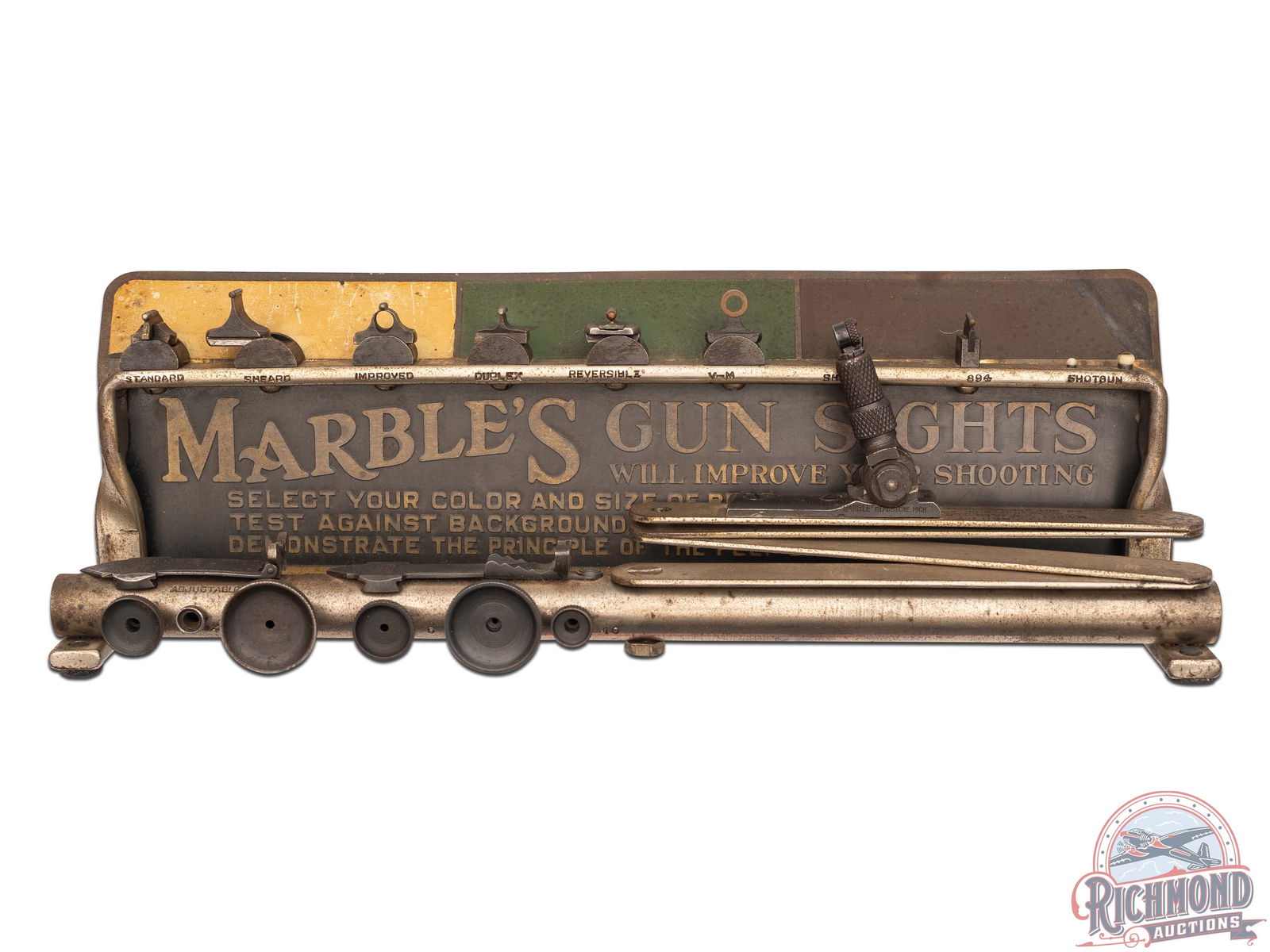 Marble's Gun Sights Complete Sales Store Display with Articulating Arm for Demonstration: This vintage sight display was manufactured circa 1930's. Made of tin, chrome plated rail & bar and articulating arm stamped "LOANED BY / MARBLE ARMS & MFG CO / GLADSTONE, MICH, U.S.A. / DO NOT REMOVE