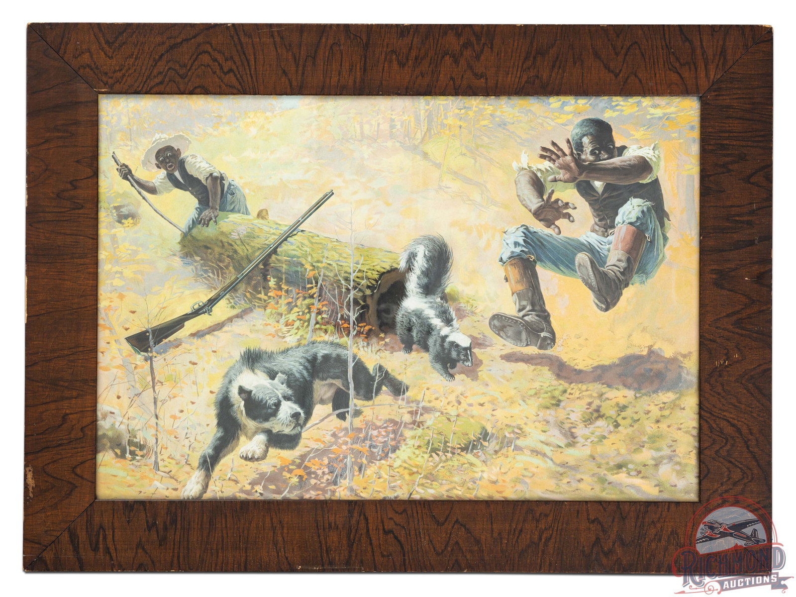 Winchester "Shoot Them And Avoid Trouble" Framed Paper Poster: Desirable paper lithograph poster with great color and excellent graphics, featuring two hunters and their dog getting surprised by a skunk exiting a log. Poster appears in excellent condition with mi