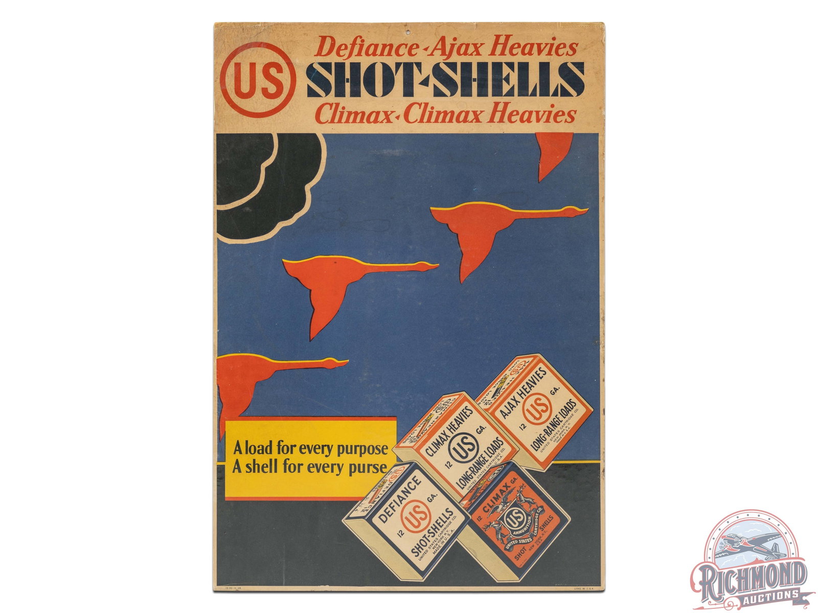 US Cartridge Co Defiance-Ajax Heavies Climax Shot Shells Cardboard Easel Back Sign: Scarce single sided cardboard easel back sign featuring four different 12 gauge shotgun shell boxes and geese in flight. Reads "A load for every purpose, A shell for every purse." Sign has minor edge 