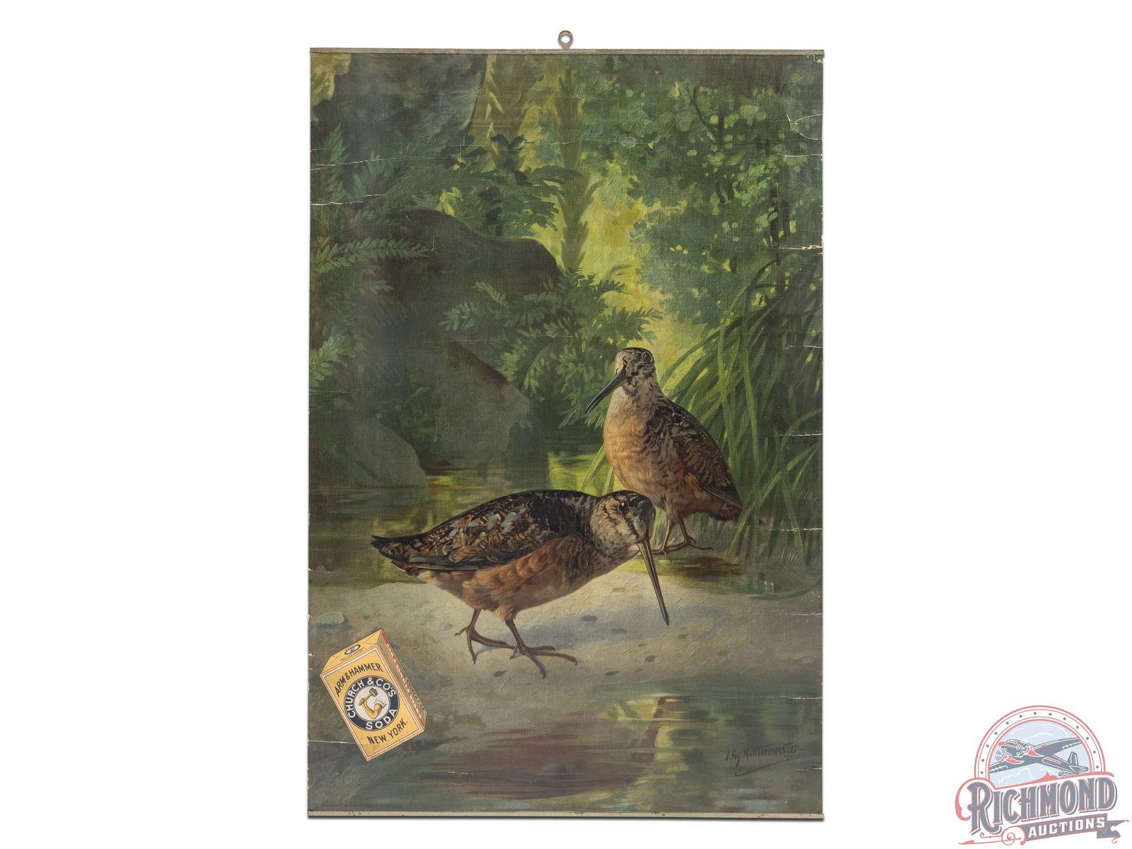 Arm & Hammer New York Church & Co Soda Canvas Poster w/ Woodcocks by John Henry Hintermeister: Nice canvas lithograph advertising sign featuring a pair of Woodcocks in the wild by renowned artist John Henry Hintermeister and an early box of Arm & Hammer Soda. Multiple horizontal creases through