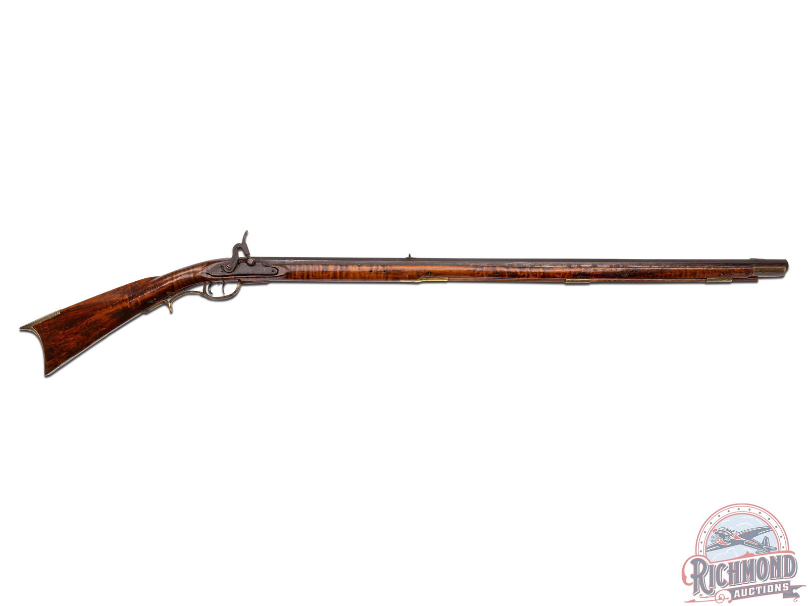 Christian Beck Rifle Restocked in Bedford County, PA by George Slonaker: Percussion Kentucky rifle restocked in Bedford County, Pennsylvania by George Slonaker, circa 1840. Rifle measures 53" with 38" octagon 58 caliber smoothbore barrel with hunting sights and signed in s
