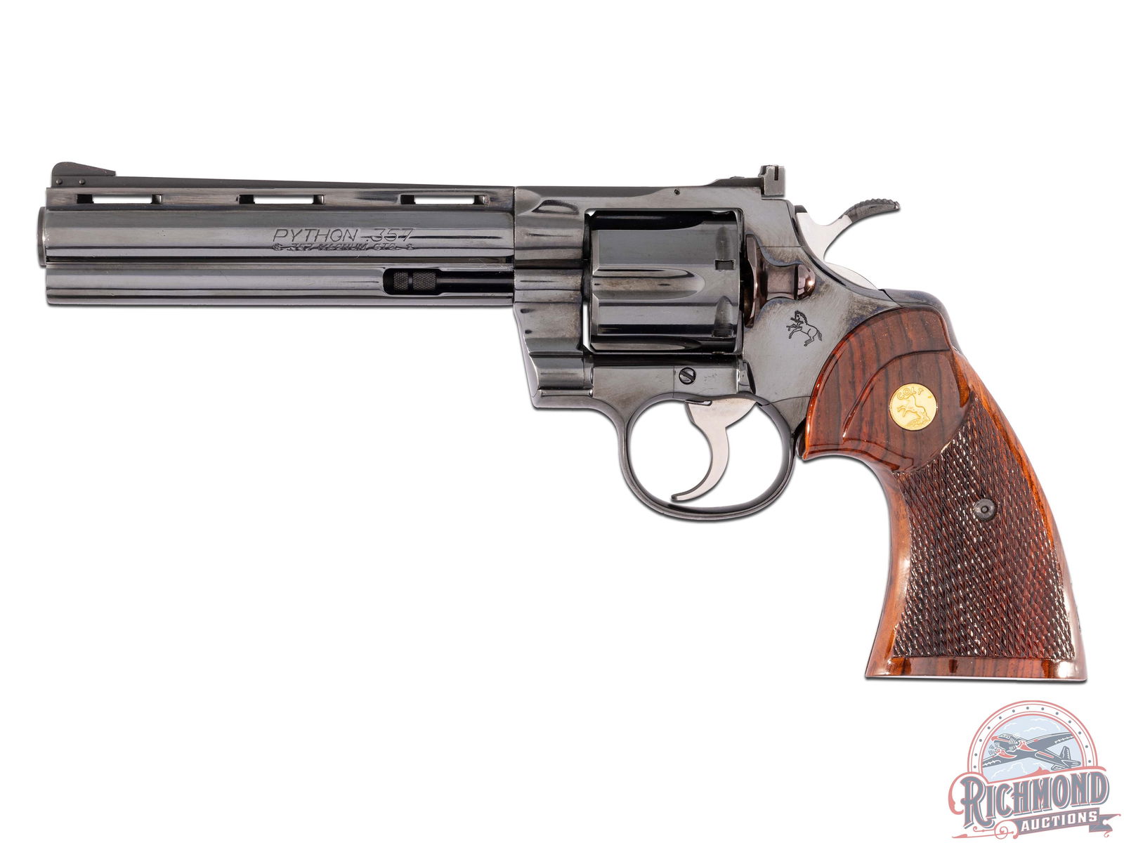 Beautiful 1979 Colt Python .357 Magnum Double Acton Revolver 6" Blued: Manufactured in 1979. This early snake gun features a 4" ventilated rib barrel with full length ejector shroud. Rear adjustable notch with front ramp sights. Left side of the barrel is stamped "PYTHON