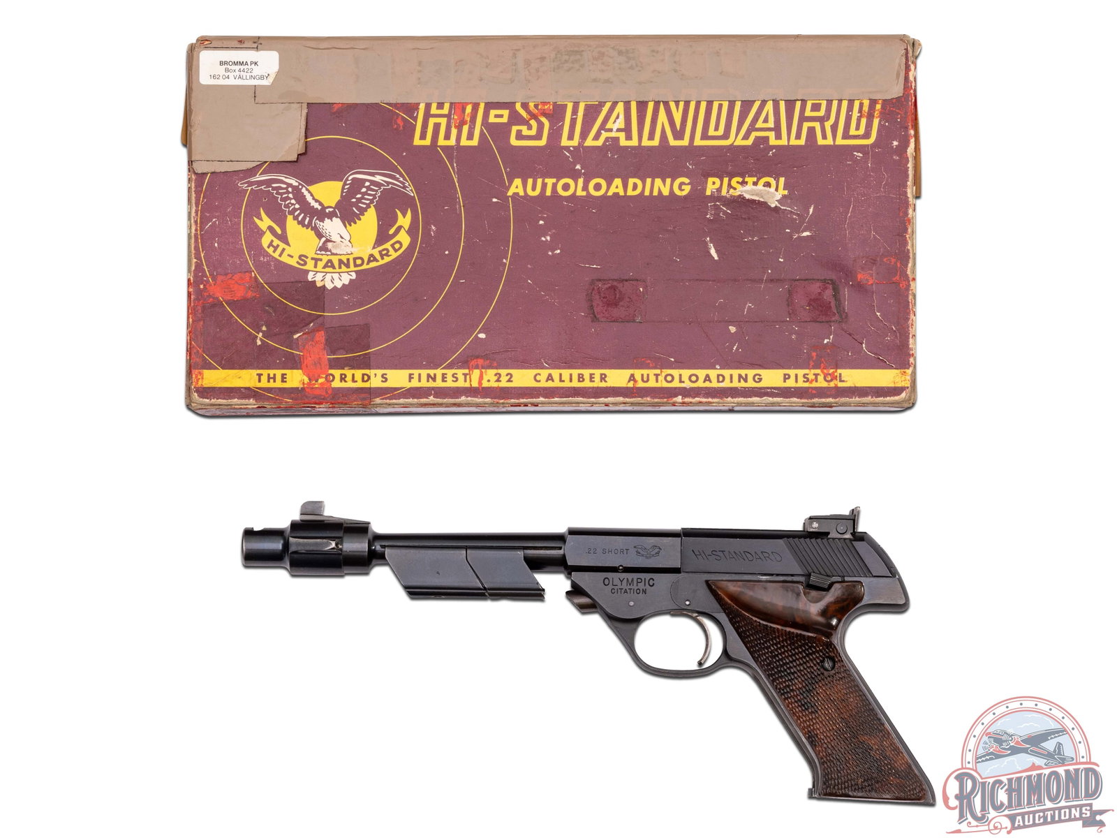 1958 Hi-Standard Model 102 Olympic Citation .22 Short Semi-Auto Pistol in Factory Box: Manufactured in 1958. This great target pistol features a 6-3/4" tapered blued barrel with 2oz and 3oz adjustable weights and enlarged register at muzzle end to hold a removable muzzle-brake. Rear adj