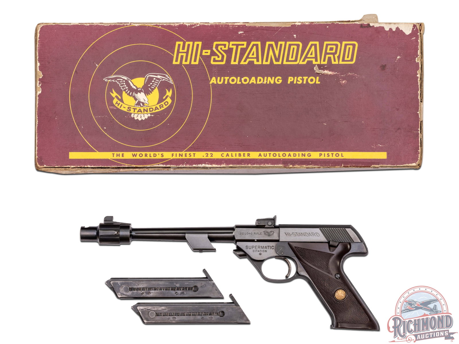1965 Hi-Standard Model 103 Supermatic Citation .22 LR Semi-Auto Pistol in Original Box: Manufactured in 1965. This great target pistol features an 8" tapered blued barrel with a 2oz adjustable weight and enlarged register at muzzle end to hold a removable muzzle-brake. Rear adjustable no