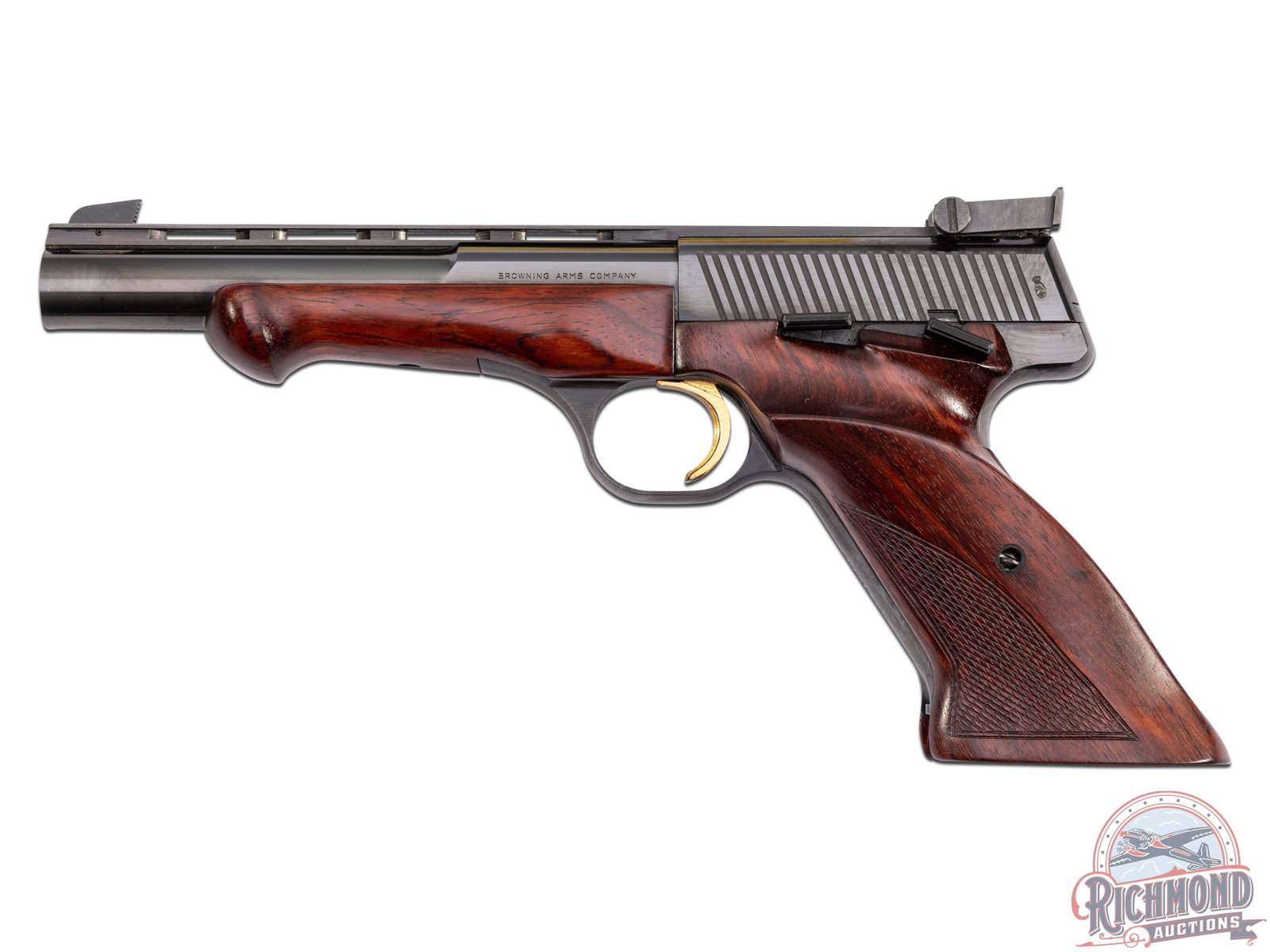 NICE 1970 Browning Belgium International Medalist .22LR Semi-Auto Pistol: Manufactured in Belgium in 1970 with only a few hundred sold in the United States between 1977 and 1980. This beautiful target pistol features a 5-7/8" ventilated rib barrel with flat sides to round s