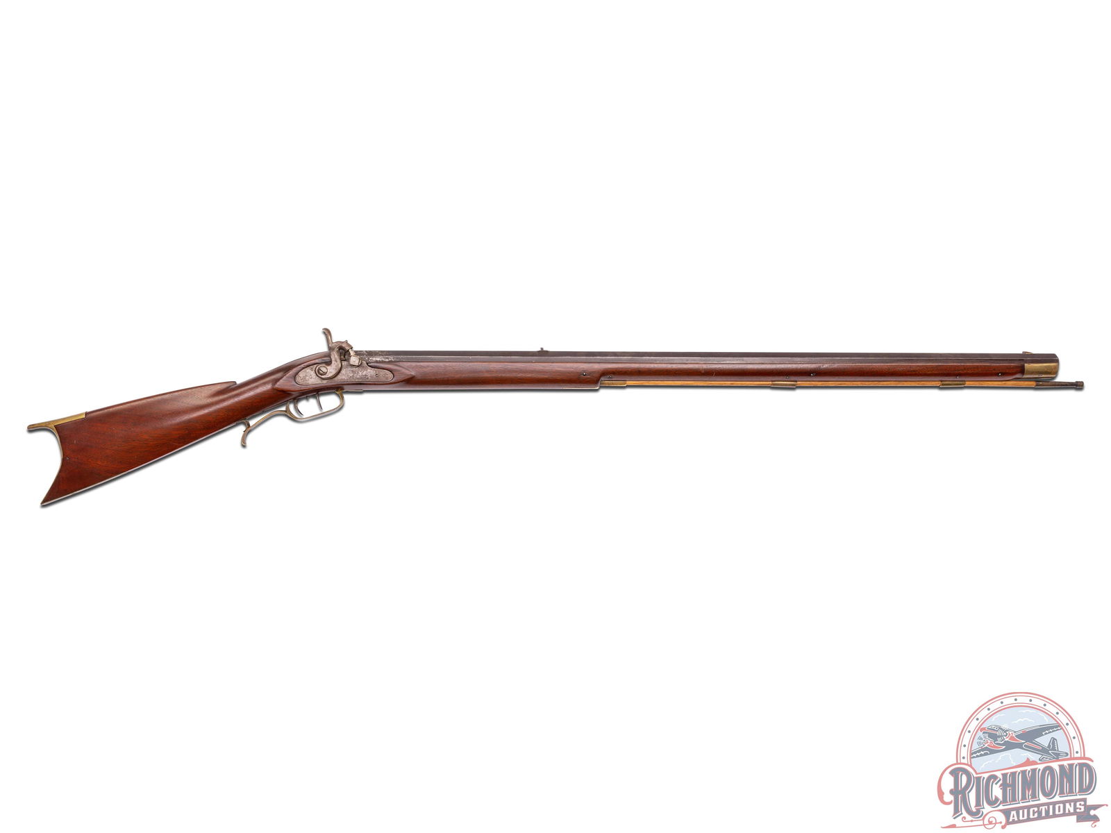 J.P. Guyer Muncy, Pennsylvania Percussion Kentucky Rifle: Percussion Kentucky rifle made by J.P. Guyer of Lycoming County, Muncy, PA., circa 1870. Rifle measures 51" overall with a 35-3/4" octagon 44 caliber rifled barrel with hunting sights and stamped "J.P