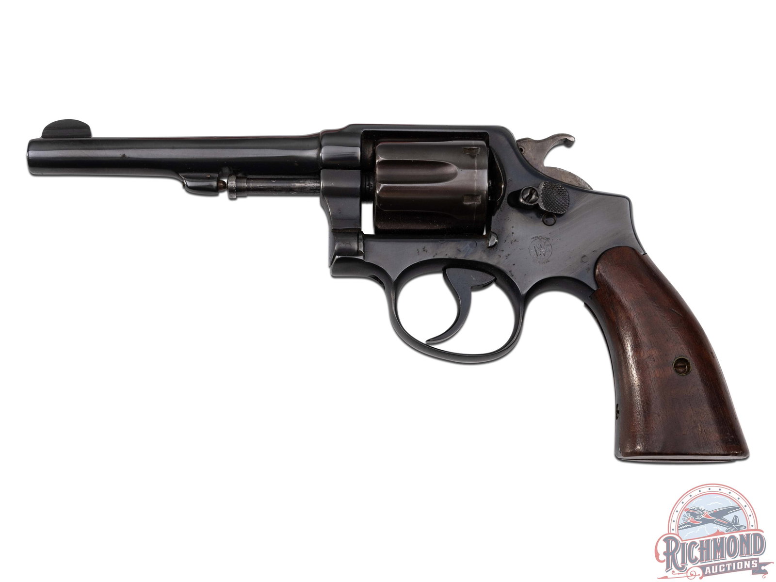 Early Smith & Wesson DA Double Action .32 WCF 5" Revolver: This early double action revolver features a 5" barrel with integrated notch sight and blade front sight. Two-line Smith & Wesson address stamped on top of the barrel, barely visible. Six-round swing-