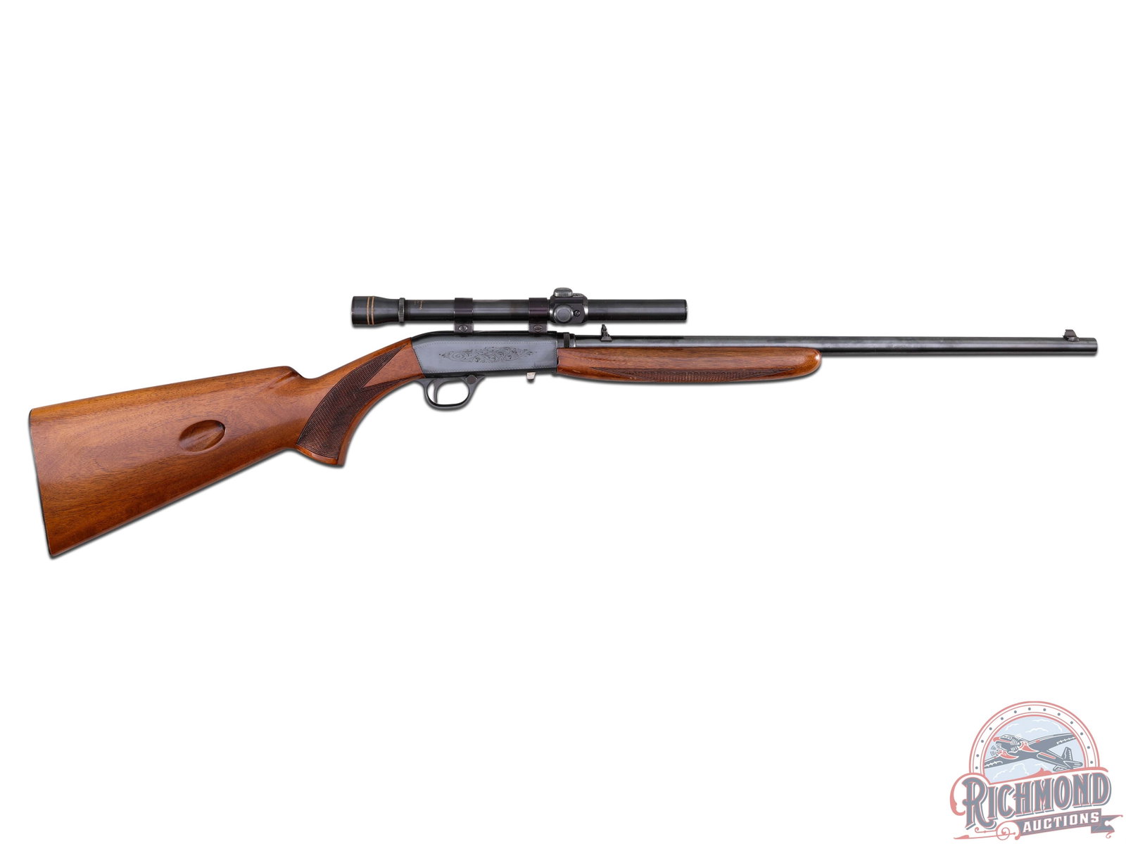 1962 Browning Belgium SA-22 Take-Down .22 LR Semi-Auto Rifle with Scope: This rifle was manufactured by FN in Belgium for Browning in 1962. Features a 19-1/2" barrel with a rear flip-up adjustable notch sight and blade front. Blued factory dovetail grooved receiver equippe