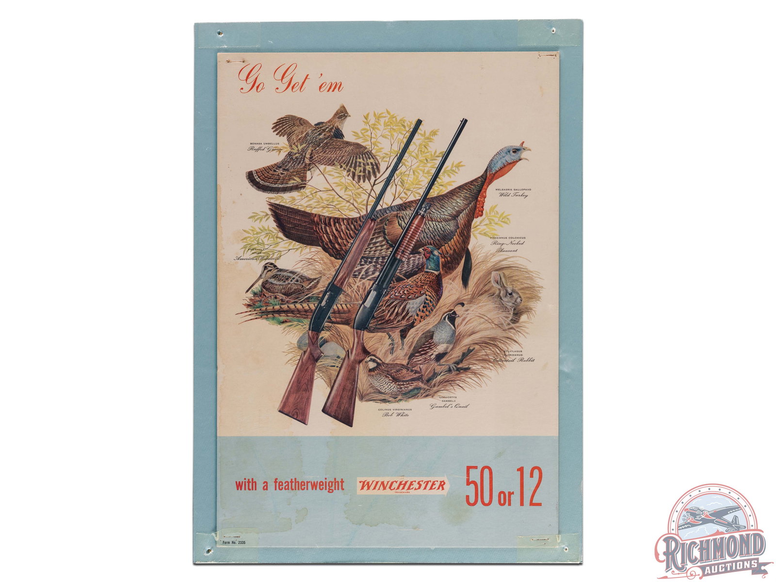 "Go Get 'em with a featherweight Winchester Model 50 or 12" Shotgun Easel Back Sign: Excellent graphics with seven different game animals. Features a Ruffed Grouse, Wild Turkey, Ring-Neck Pheasant, Cottontail Rabbit, Gambel's Quail, Bob White, and American Woodcock set behind a Winche