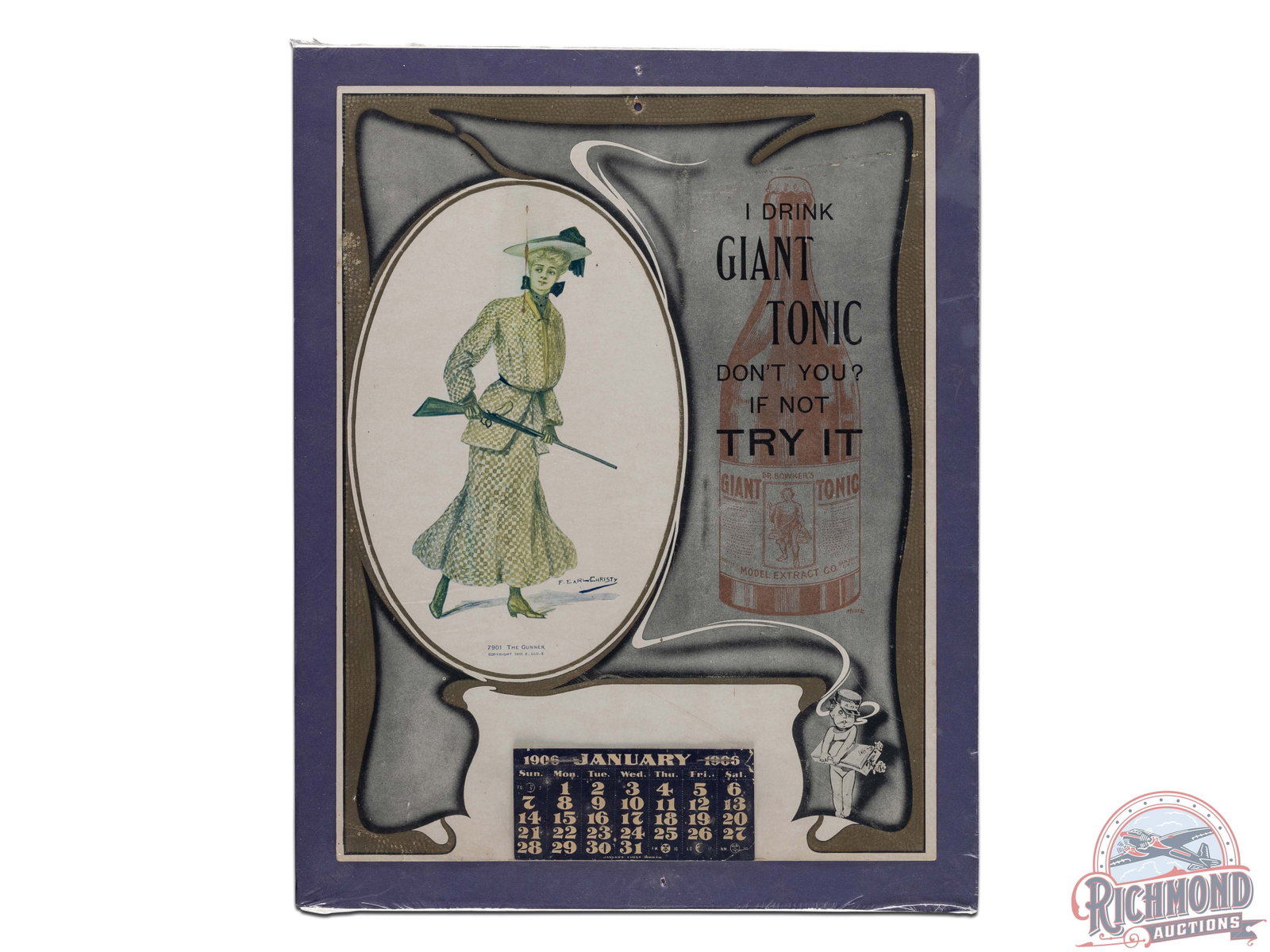 1906 Dr. Bowker's "I Drink Giant Tonic, Don't You?" Calendar feat "The Gunner" by F. Earl Christy: Seldom seen and early cardboard advertising calendar with full pad. Features "The Gunner" by renowned artist F. Earl Christy. Exhibits general age wear and a few spots of possible touch up. Marked 790