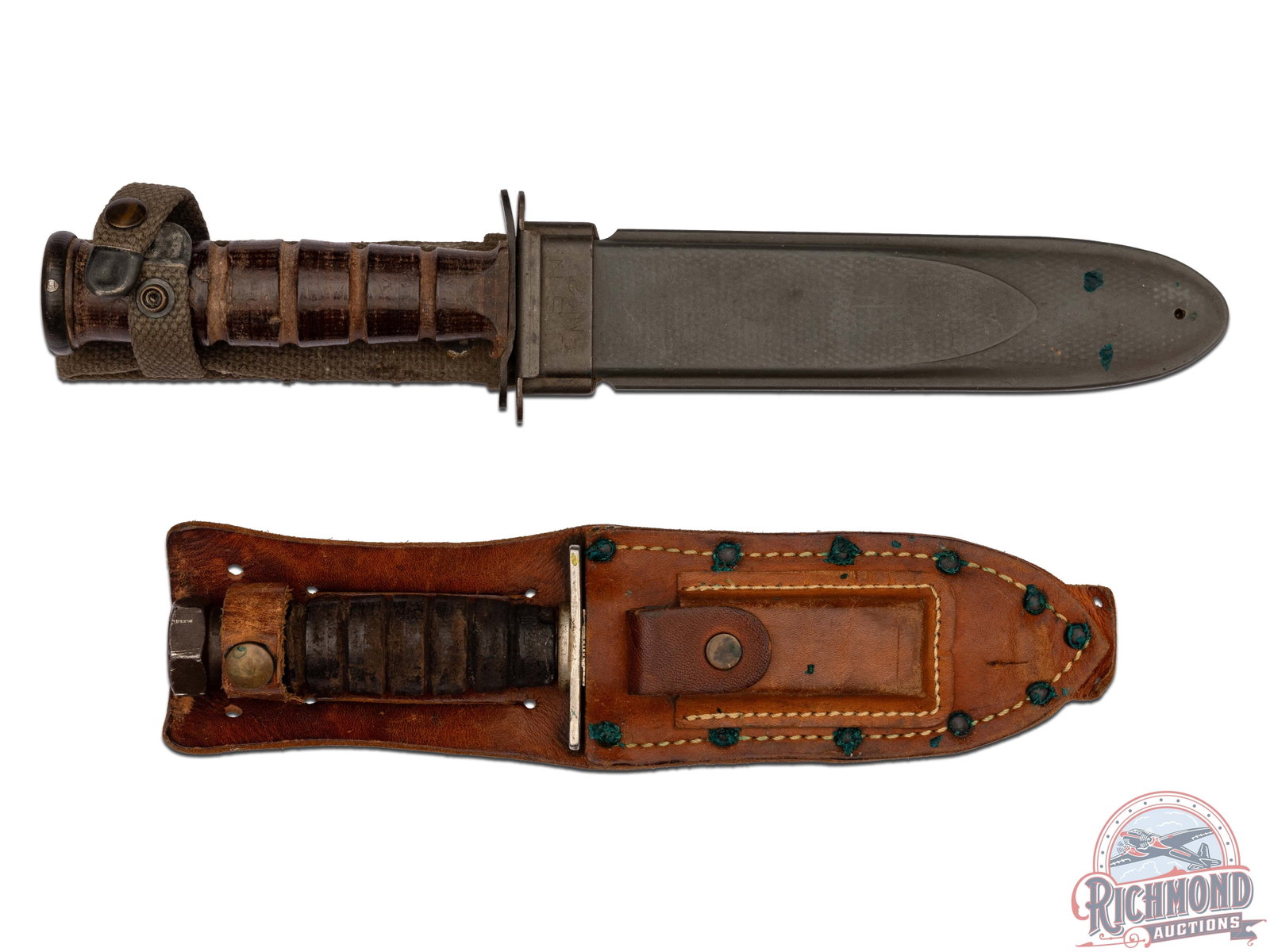 Camillus Military Knives (1) WWII USN MK 2 Fighting Knife with Scabbard: Both Camillus brand fixed blade fighting knives with leather handles. One stamped on the scabbard and hilt "USN MK 2". Measures 12" OAL with a 7" blade and includes metal and nylon scabbard. Smaller k