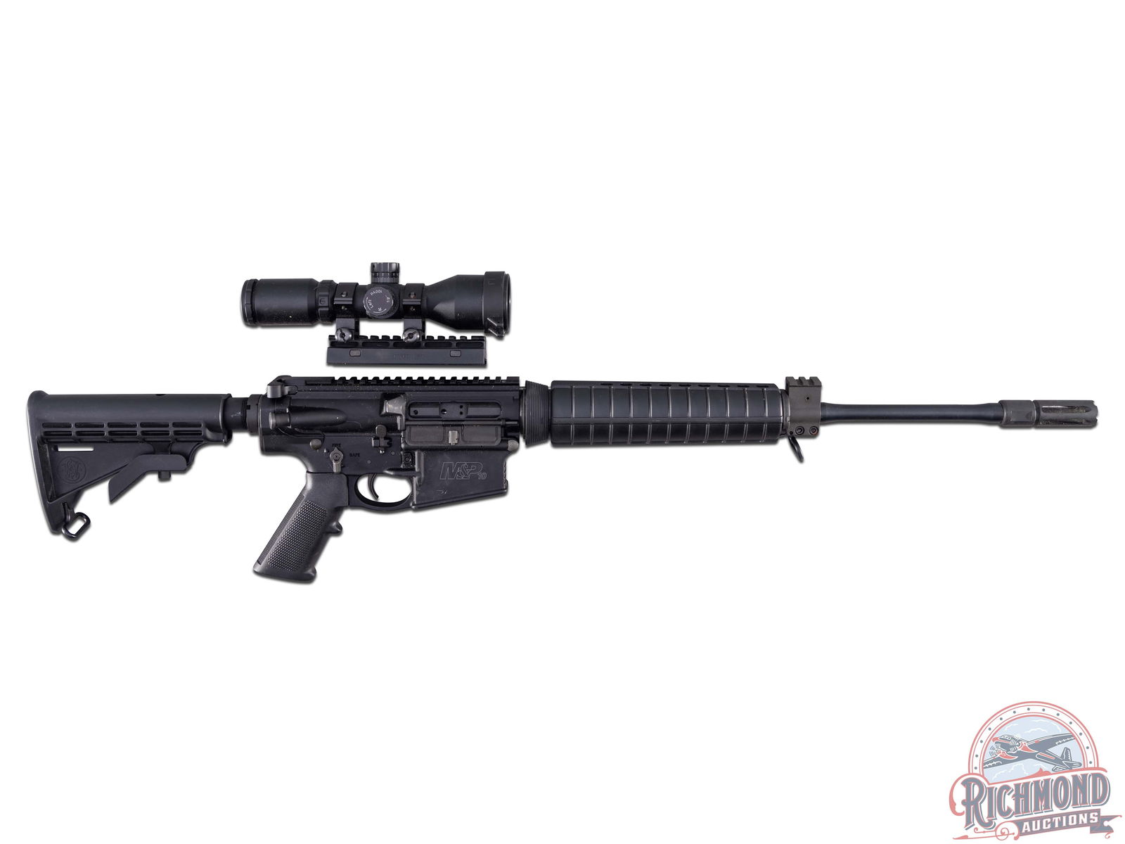 Smith & Wesson M&P 10 AR10 Style .308 WIN Semi-Auto Rifle with Tactical Scope: This M&P10 features an 18" barrel with 5R rifling, 1/10 twist and muzzle brake. 8" Handguard rail with mid-length gas system. Top Picatinny rail and rear charging handle. All ambidextrous controls; sa