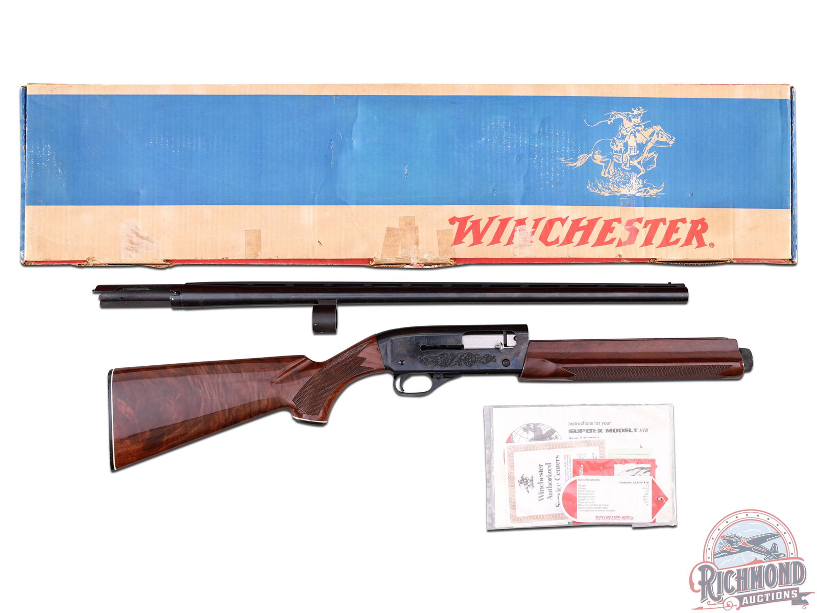 New Vintage Stock Winchester Super-X Model 1 Skeet 12 Gauge Semi-Auto Shotgun in Original Box: This unfired shotgun features a 26" blued broadway ventilated rib barrel chambered for 2-3/4" shells with Skeet choke. Rear nickel bead and white bead front sight. Blued receiver with floral scroll en