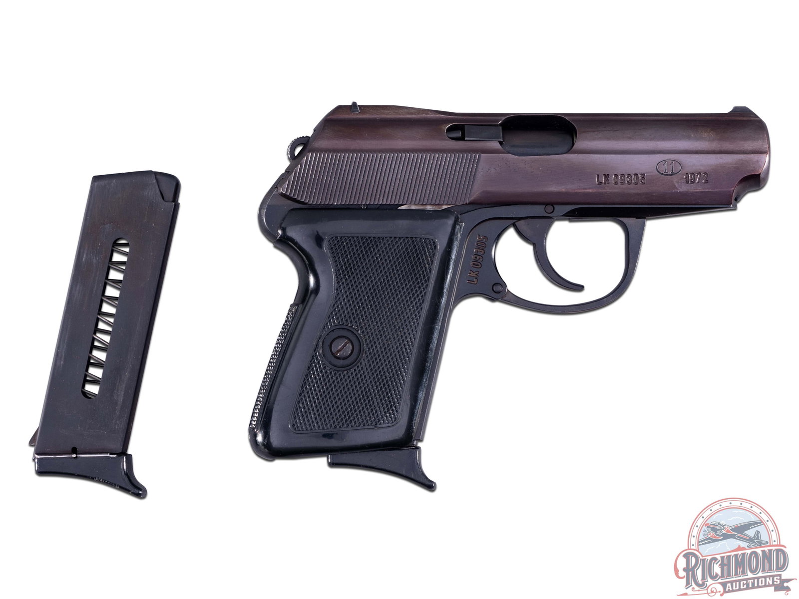 1972 FB Radom P-64 9mm Makarov Semi-Auto Pistol with Extra Magazine: Manufactured in 1972. This Polish made pistol features a 3-3/10" barrel with rear notch and front blade sights. Double/single blowback action. Blued finish with partial shrouded hammer, makes this a g