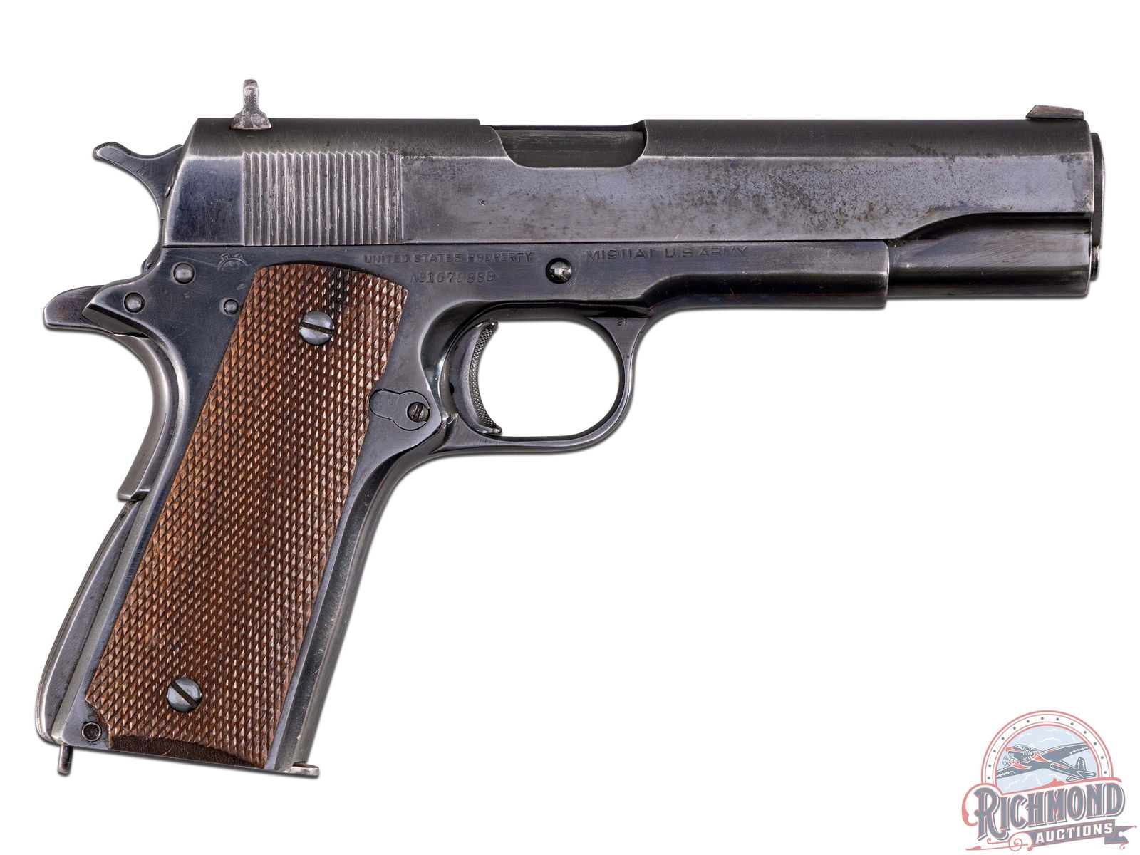 WWII Colt US Army Stamped M1911A1 .45 ACP Semi-Auto Pistol: Manufactured in 1944 by Colt for the US Army. This WWII era 1911 features a 5" barrel, with iron sights. Left side of the slide is stamped "PATENTED APR.20 1897 SEPT, 9 1902 DEC, 19 1905 FEB, 14 1911"
