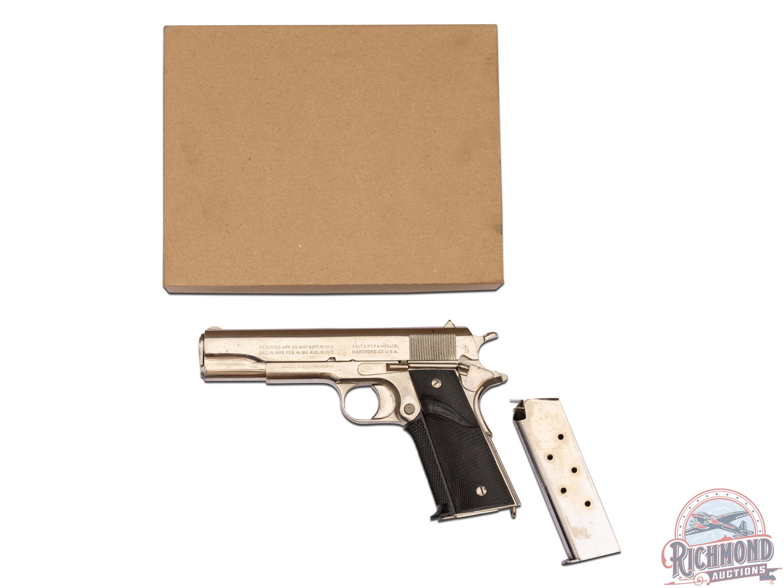 1918 Colt Model 1911 U.S. Army US Property .45 ACP Semi-Auto Pistol Nickel: Manufactured in 1918 for the United States military. This pistol features a 5" barrel, standard WWI era fixed sights. All standard markings with the left side frame stamped "UNITED STATES PROPERTY". T