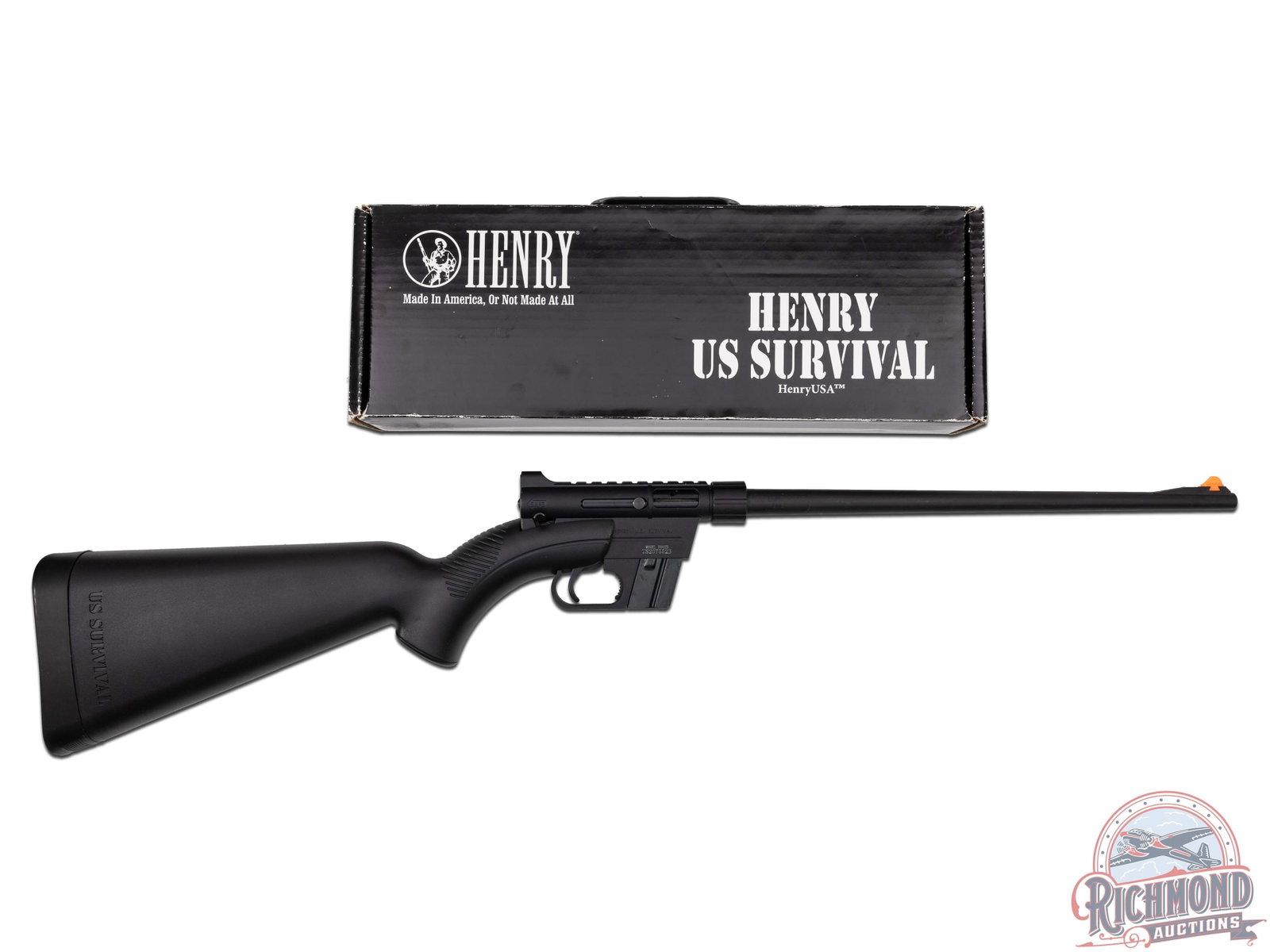 New Henry US Survival .22 LR AR-7 Semi-Auto Compact Rifle in Original Box: Manufactured in the USA by Henry. Originally designed for US Airforce pilots who needed a compact small caliber rifle that could count on if they needed to punch out in remote areas. Everything fits s