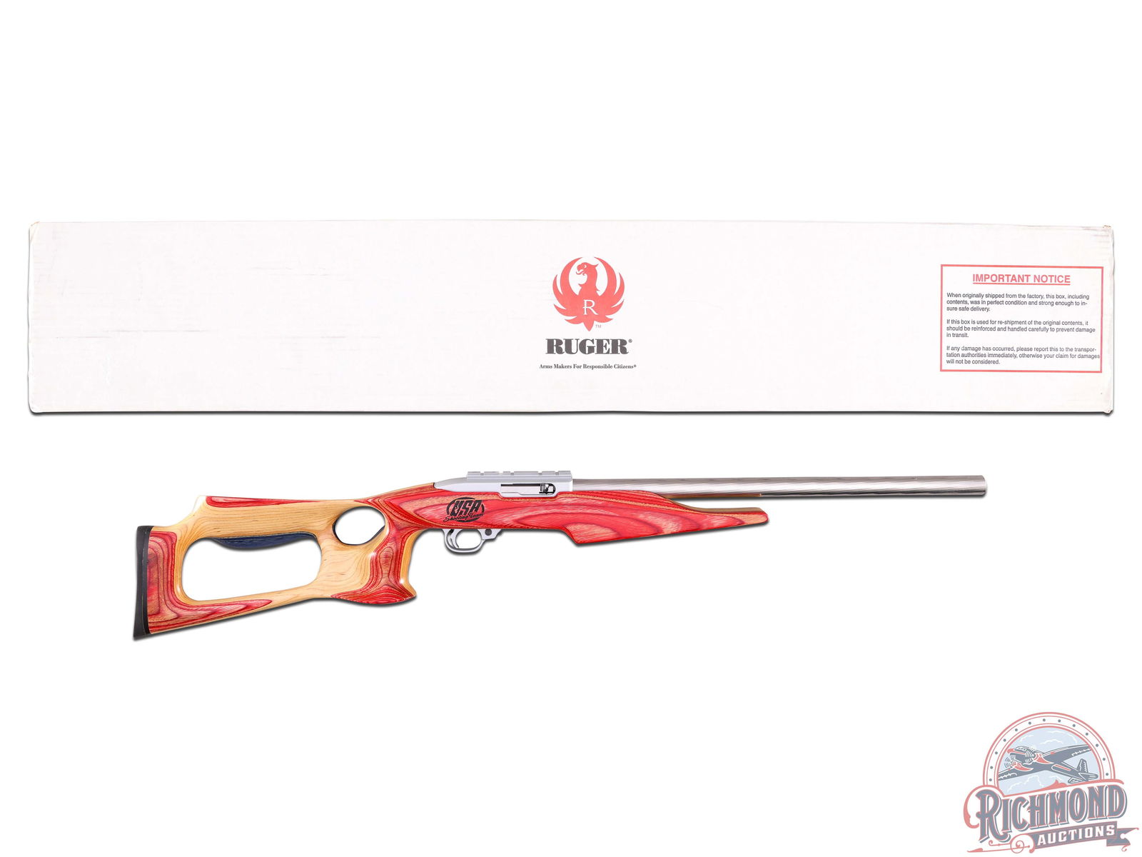 RARE! Ruger 10/22 USA Shooting Team Stainless .22 LR Semi-Auto Rifle in Original Box: This rare factory edition features a 20" stainless spiral cut sightless bull barrel, stamped on top "RUGER HAMMER FORGED". Receiver equipped with scope rail and crossbolt safety. Red and blue laminate