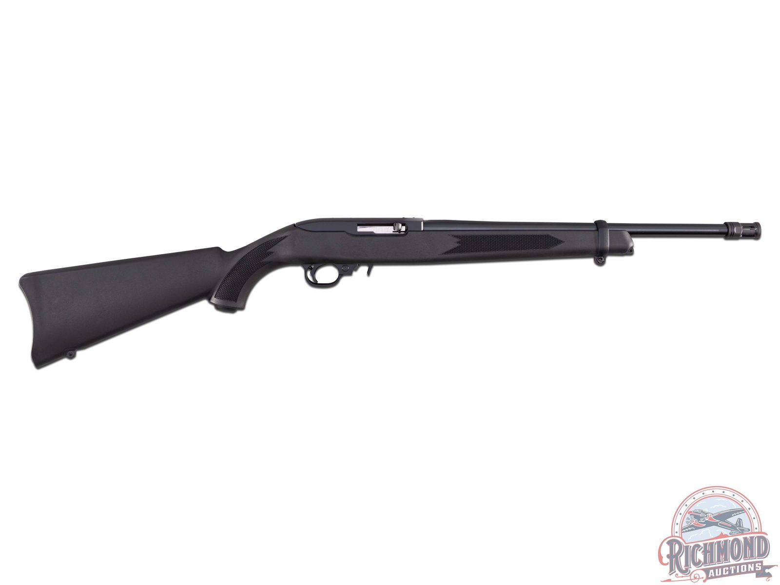 Ruger 10/22 Semi-Automatic Rifle in .22 Long Rifle: Made by Ruger circa 2015. Blued 17" round sightless barrel with flash suppressor in .22 Long Riffle. Blued receiver factory drilled for scope with 10 shot detachable rotary magazine. Checkered black s