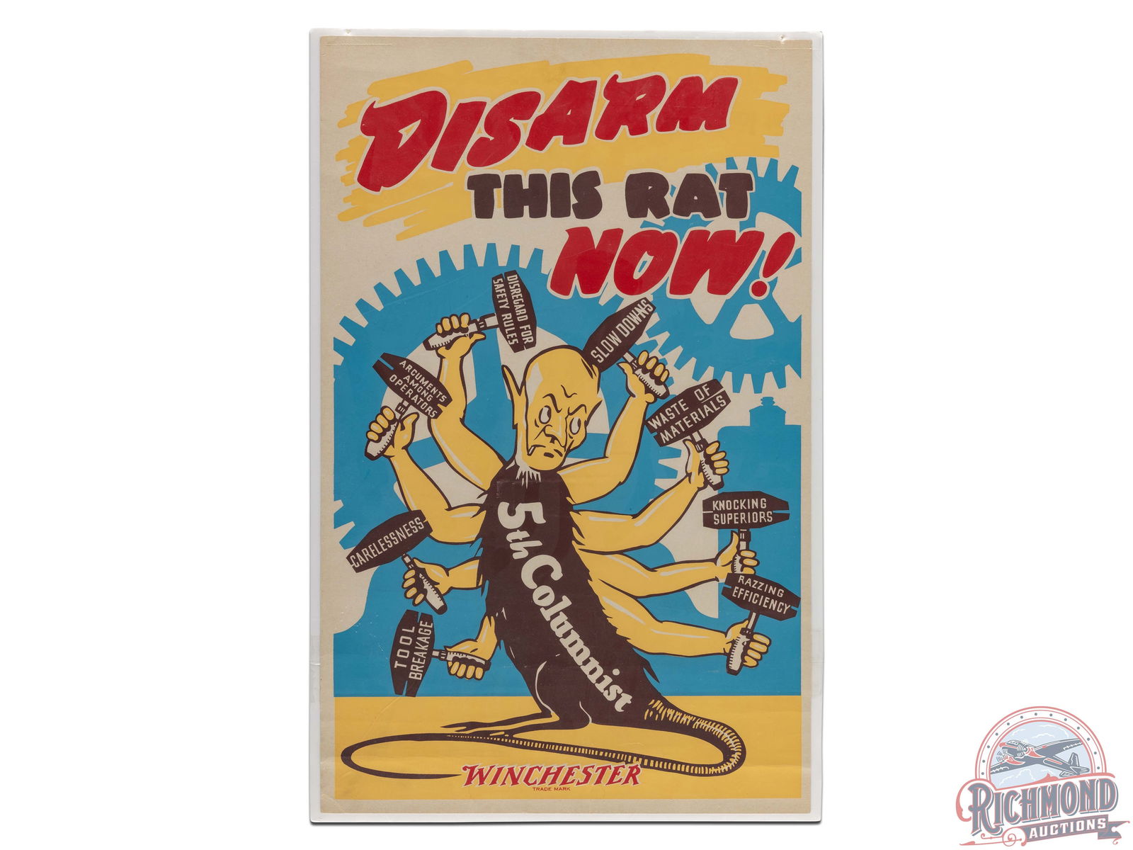 Winchester "Disarm this Rat Now" 5th Columnist Poster: Unique and colorful Winchester cardboard poster promoting the fight against 5th Columnists, who were typically considered those against their home country. The slogan was often used around World War 2