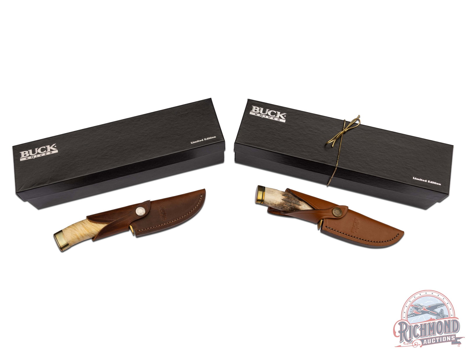 Two New Buck Limited Edition Fixed Drop Point Blade Knives with Leather Sheaths: Both of these limited edition Vanguards come in the original boxes with leather sheaths and paperwork. Model 192-1, catalog #4515 Vanguard. Drop point fixed blade with stag handle, brass hilt and pomm