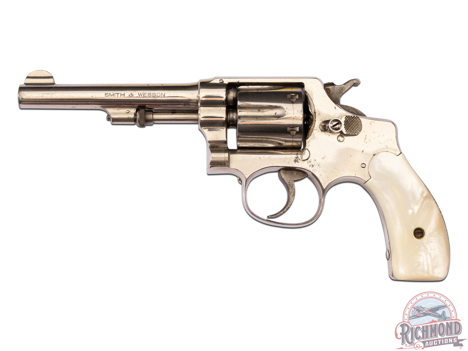 1914 Smith & Wesson Model of 1903 Double / Single Action .32 Long Hand Ejector Nickel Revolver: Manufactured circa 1914. This model of 1903, fifth change. The Fifth (and final for the 1903) change represents a lot of positive upgrades to the lock work of the gun, the hand, springs, trigger pull